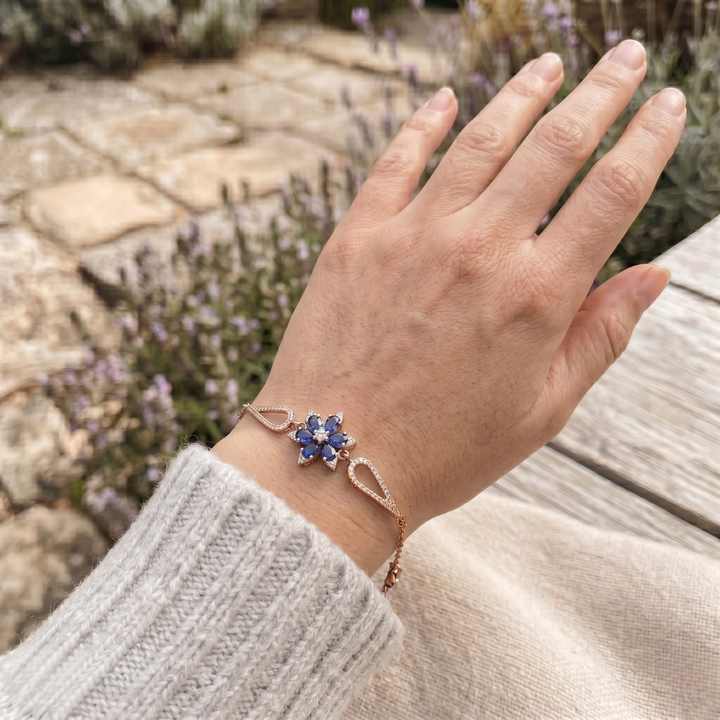 Blue pear gemstone and lab-grown diamond floral bracelet by Kiashaa Jewellery.