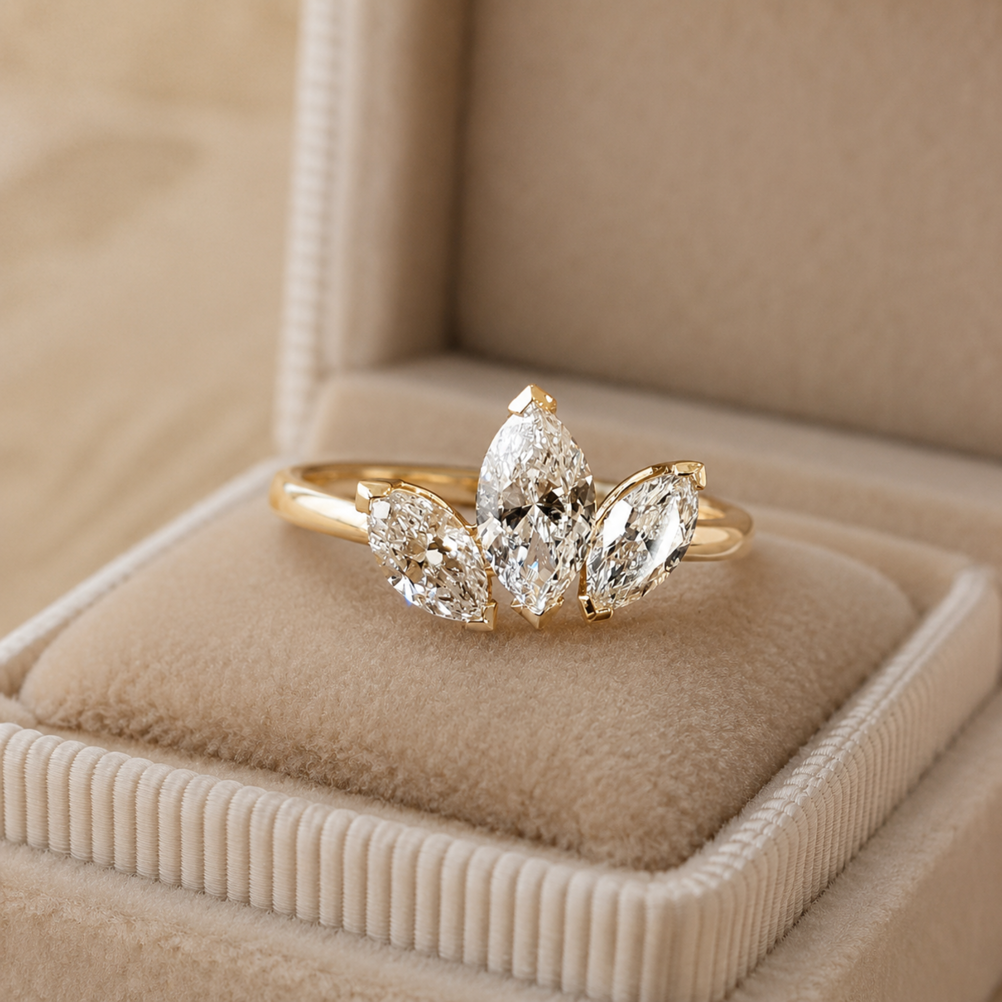 Luxury 1.72 CTW ring featuring three graduated marquise-cut diamonds.