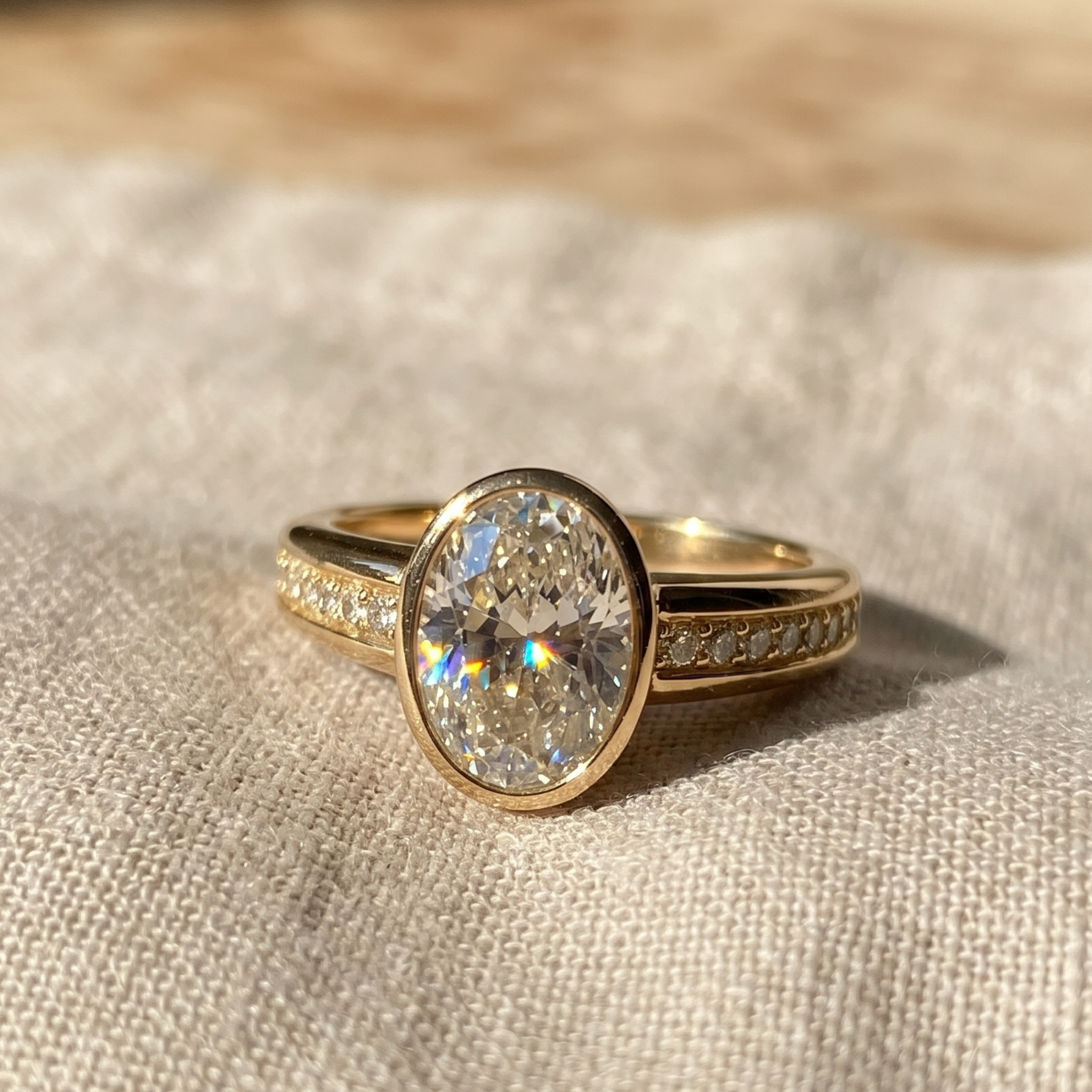 A gold ring with a large oval-cut clear center stone and small pavé-set stones along the band, resting on a textured beige fabric surface.
