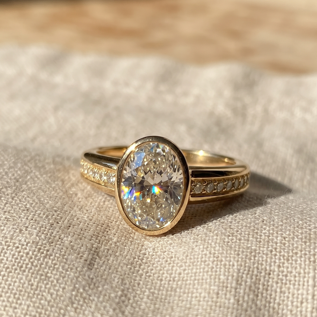 A gold ring with a large oval-cut clear center stone and small pavé-set stones along the band, resting on a textured beige fabric surface.
