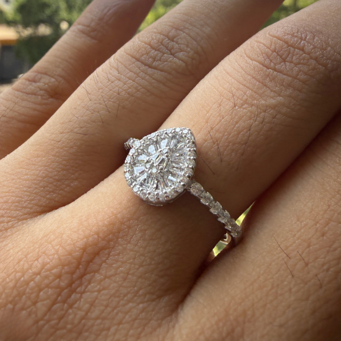 Luxury pear cluster engagement ring handcrafted in 9K, 14K and 18K gold.