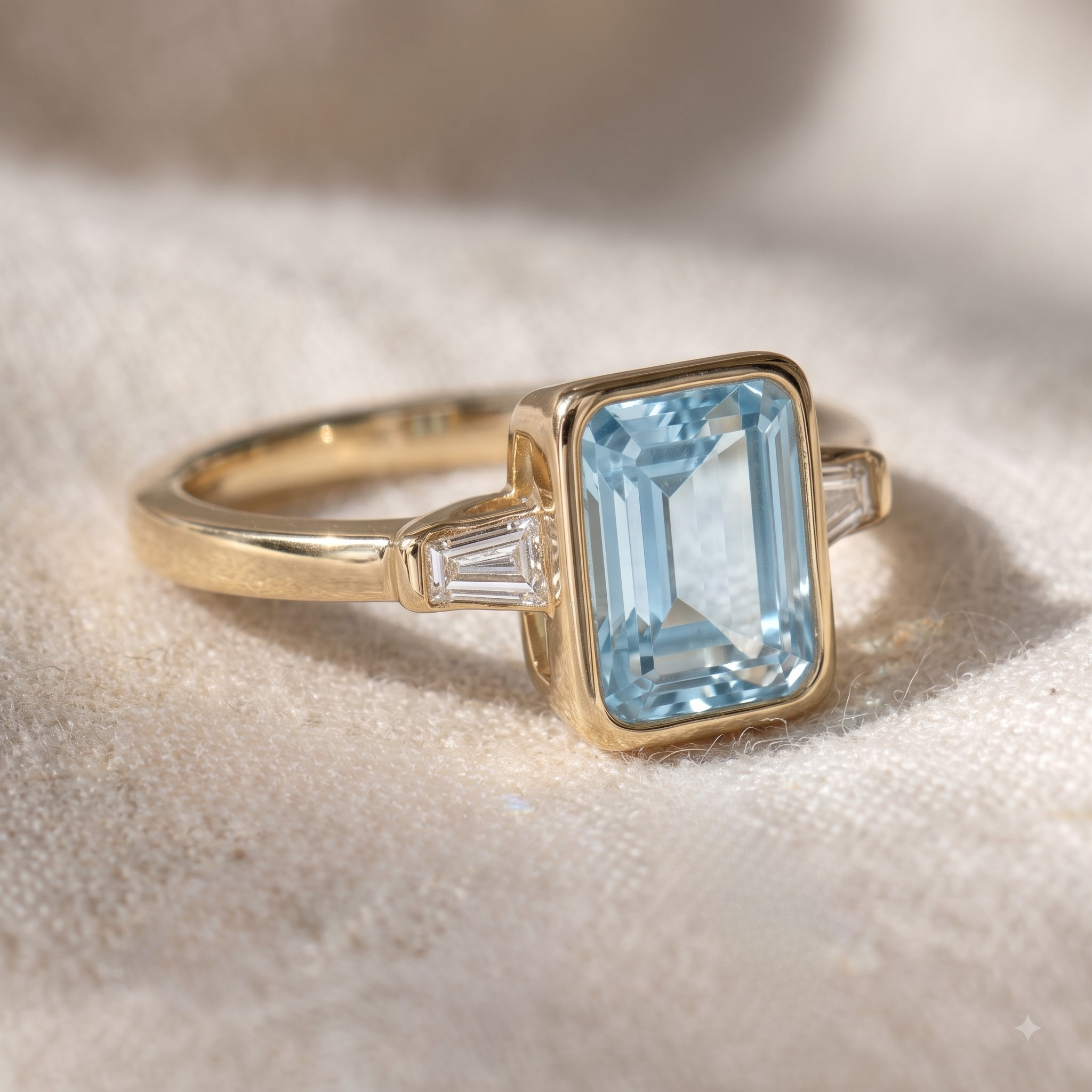 Blue rectangular gemstone ring with tapered baguette side stones