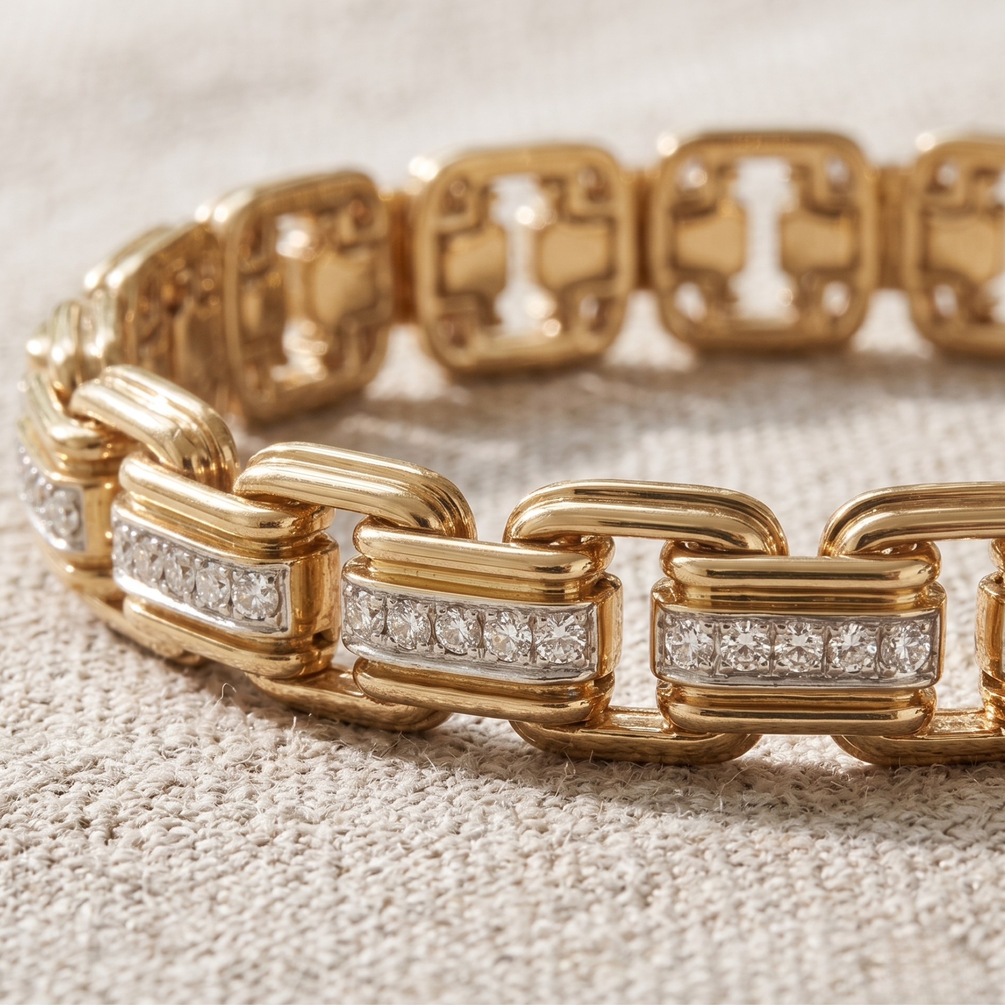A gold chain bracelet with rectangular links, each featuring a row of clear pavé stones, photographed close up on a textured beige fabric background.