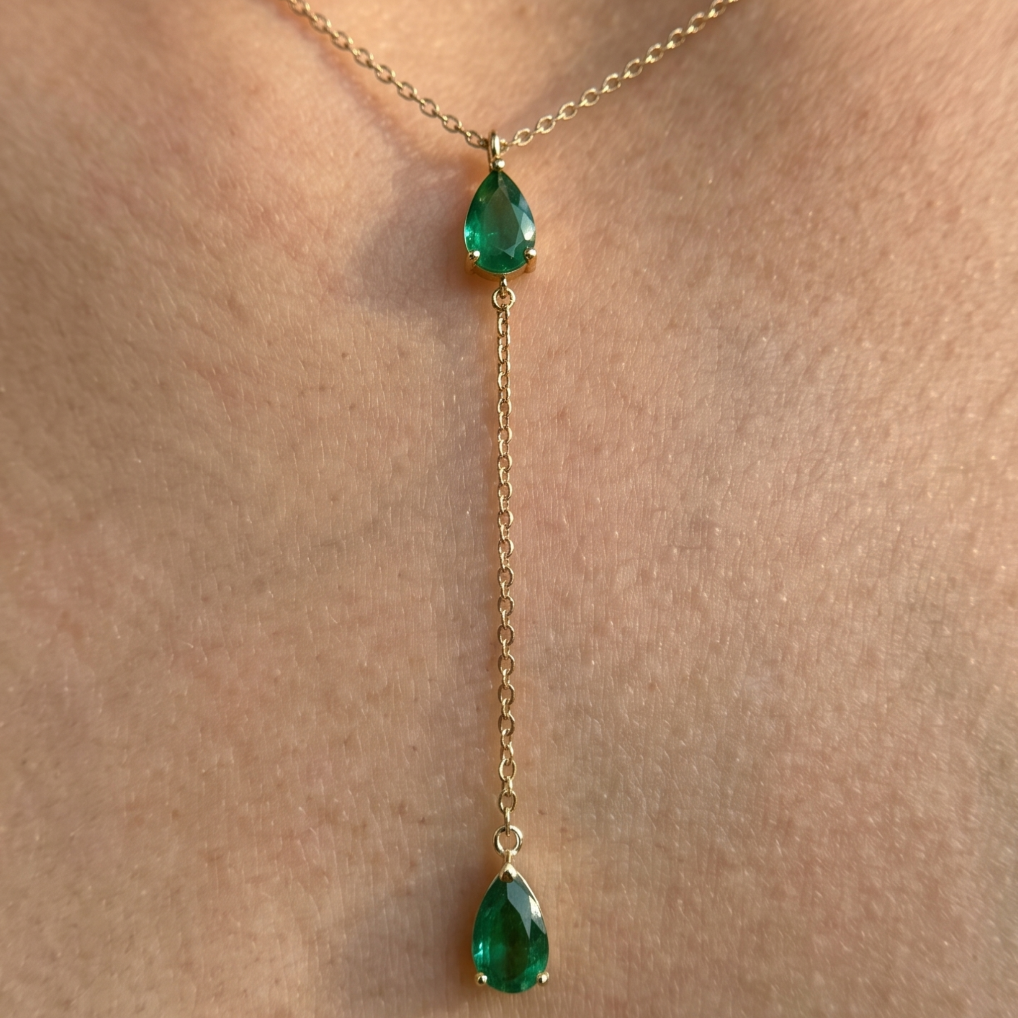 Emerald Drop 1.50 CTW pear gemstone Y-necklace by Kiashaa Jewellery with two 7 × 5 mm green pear stones.