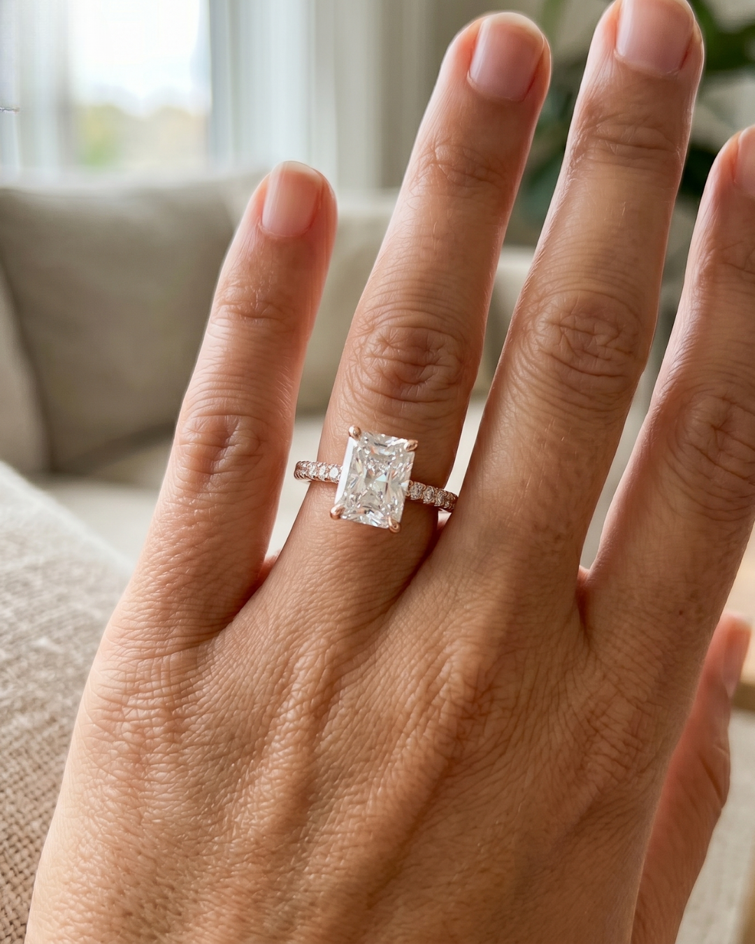 Kiashaa Jewellery 2.304 carat radiant-cut lab-grown diamond ring in rose gold with a four-prong setting.