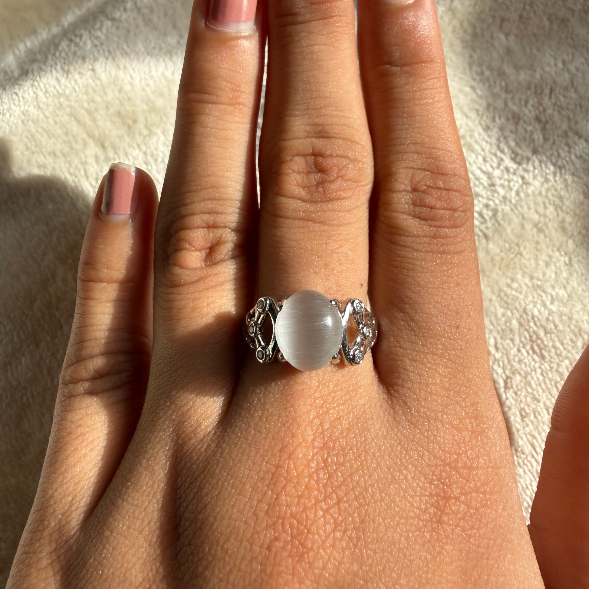 White cat's eye gemstone and lab-grown diamond ring by Kiashaa Jewellery.