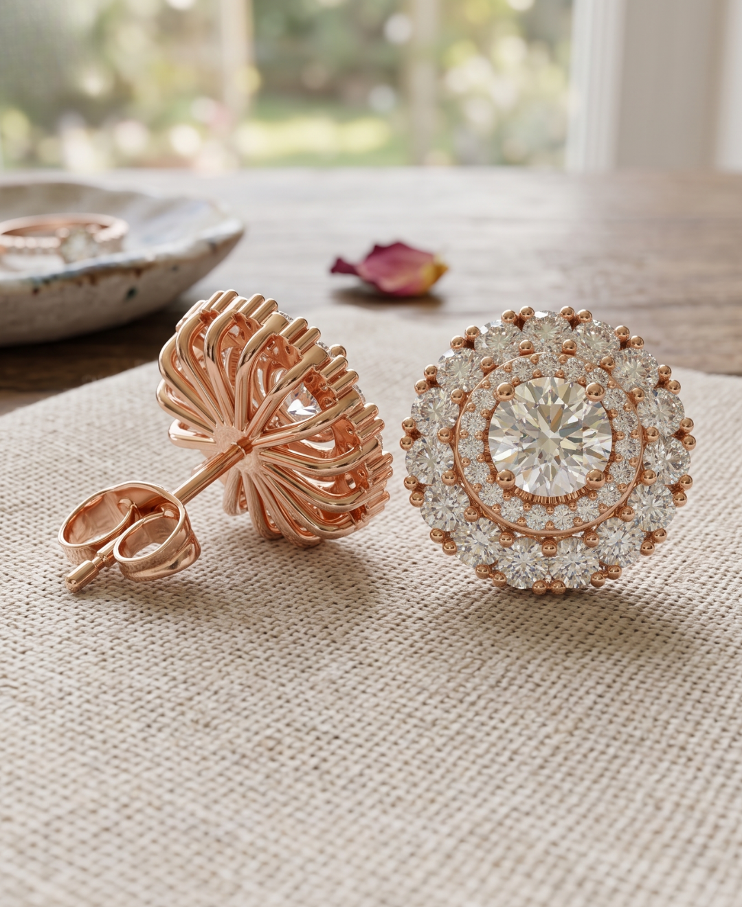 Elegant round halo diamond stud earrings crafted with premium lab-grown diamonds.