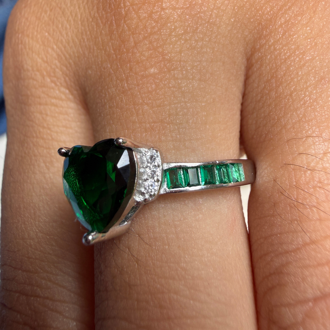 Green heart gemstone and lab-grown diamond ring in white gold by Kiashaa Jewellery.