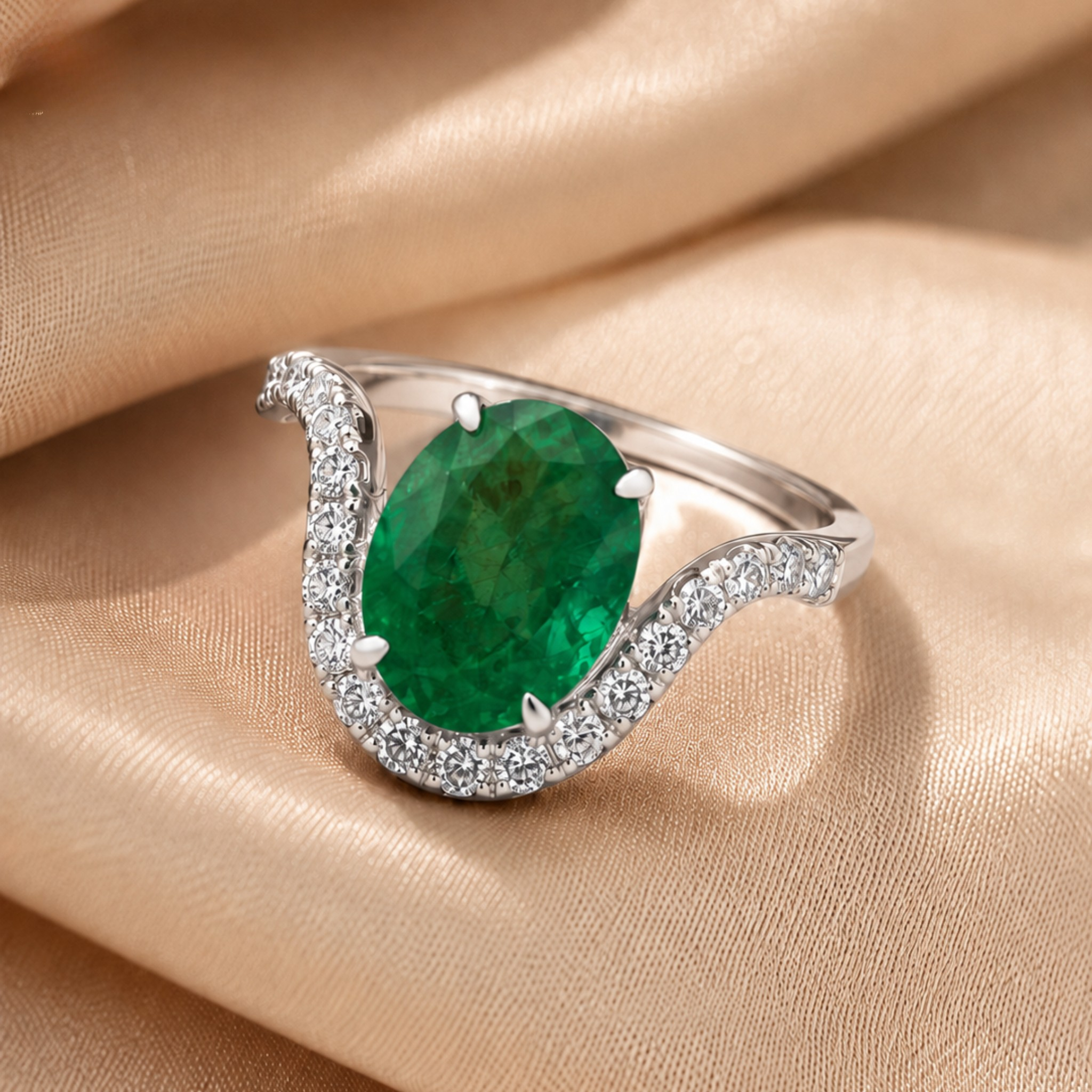 An oval-cut green emerald ring in a silver-toned setting with pavé-set clear stones, displayed on draped champagne-colored satin fabric.
