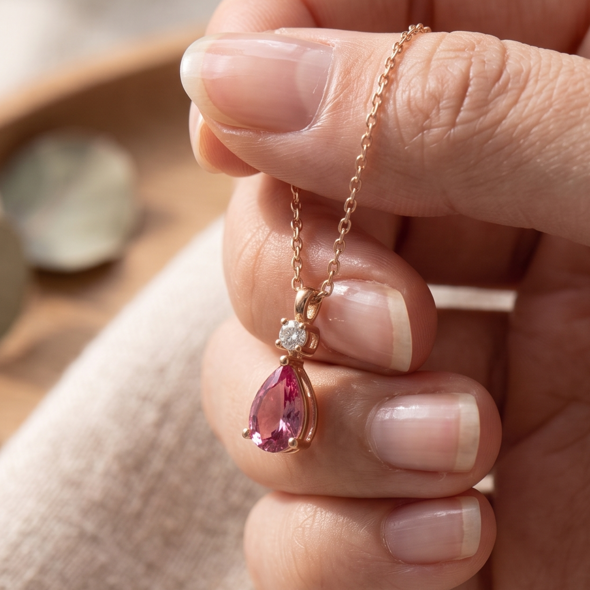 Blush Drop 0.90 CTW pink pear pendant necklace by Kiashaa Jewellery with an 8 × 5 mm pear-shaped center stone.