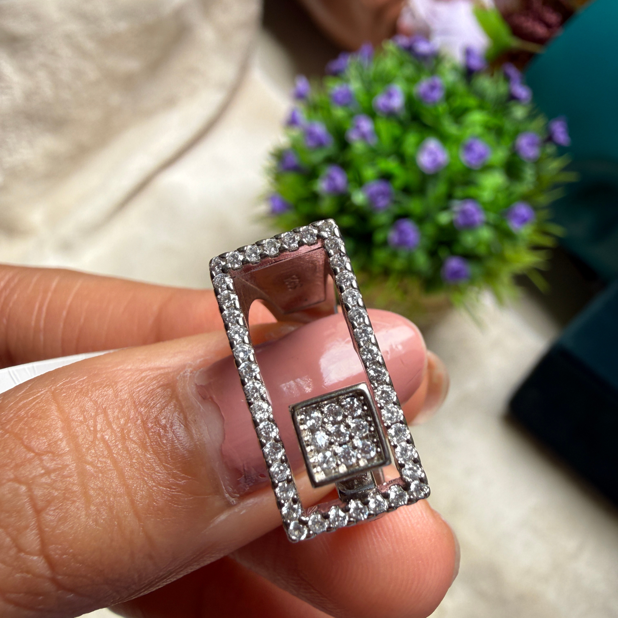 Geometric lab-grown diamond open rectangle ring in white gold by Kiashaa Jewellery.