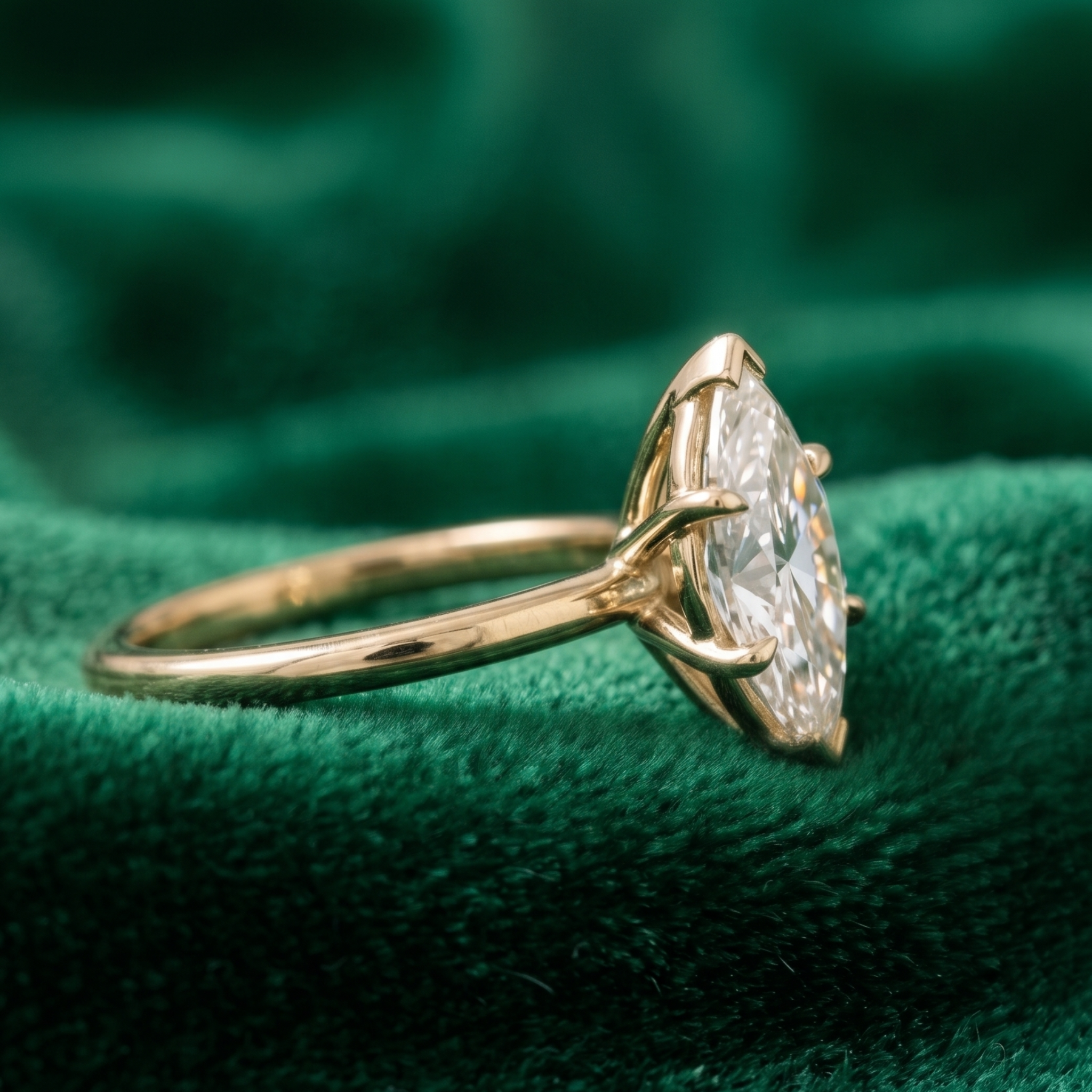 A yellow gold ring with a marquise-cut diamond set in a four-prong setting, resting on a textured dark green velvet fabric.