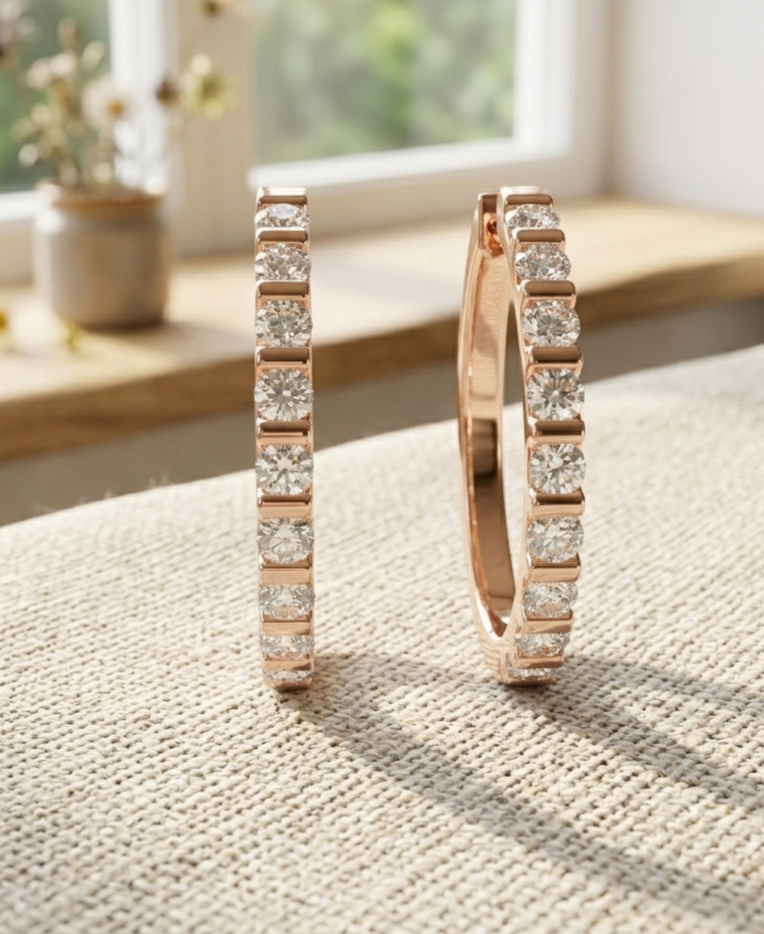 Kiashaa Jewellery elongated hoop earrings with round diamonds and a polished rose gold reverse side.