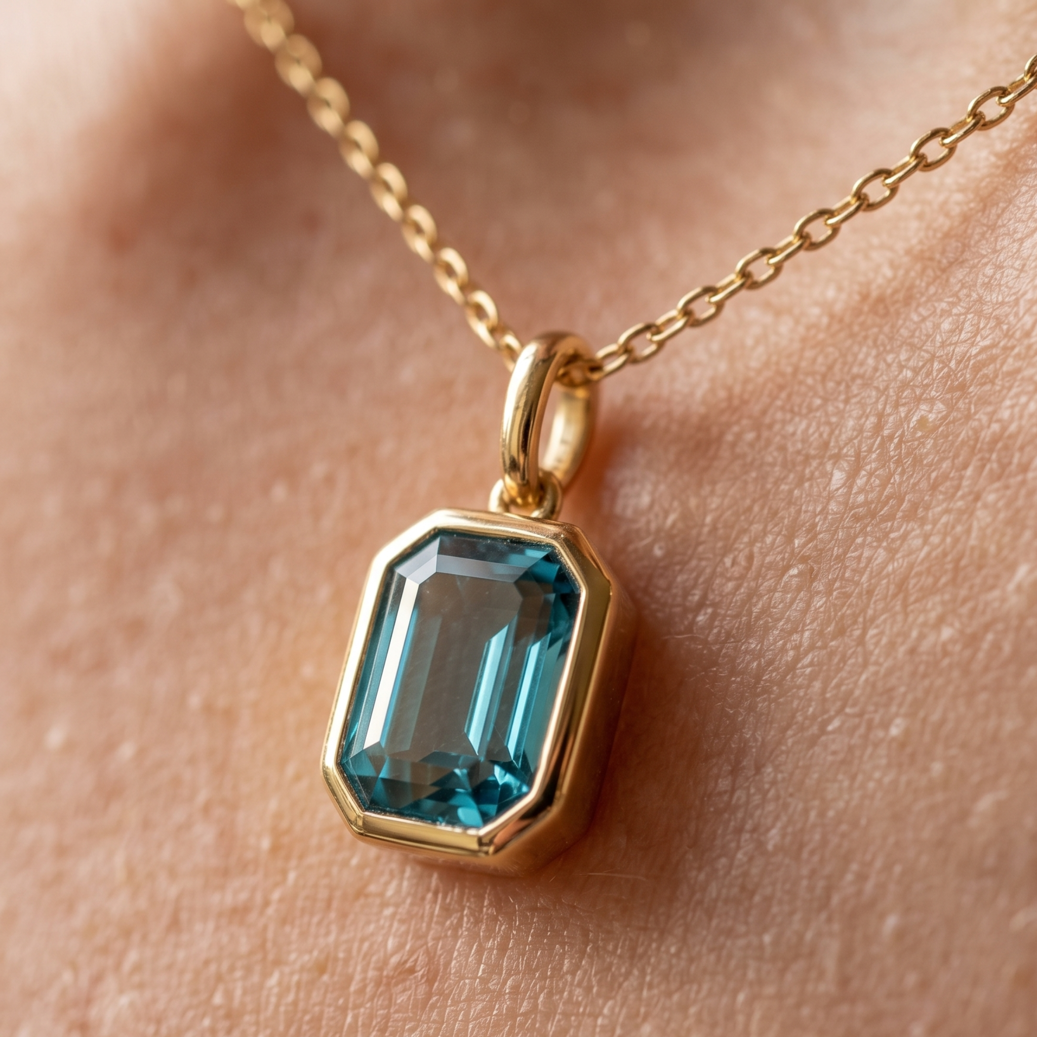 1.73 CT teal emerald-cut pendant necklace in polished yellow gold.
