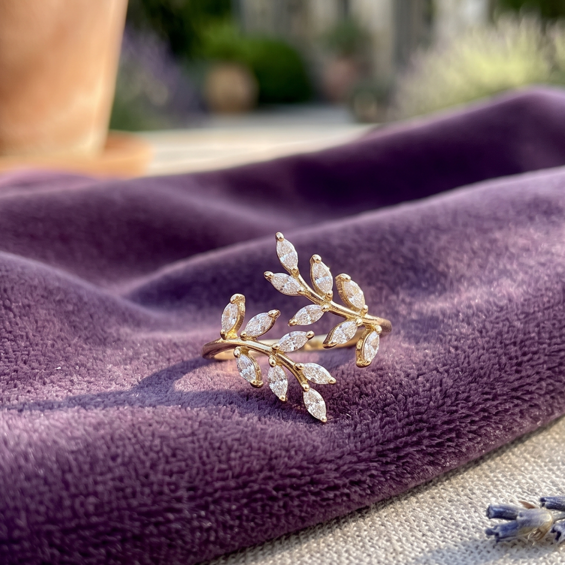 Kiashaa Jewellery 1.12 CTW marquise diamond leaf ring in polished yellow gold.