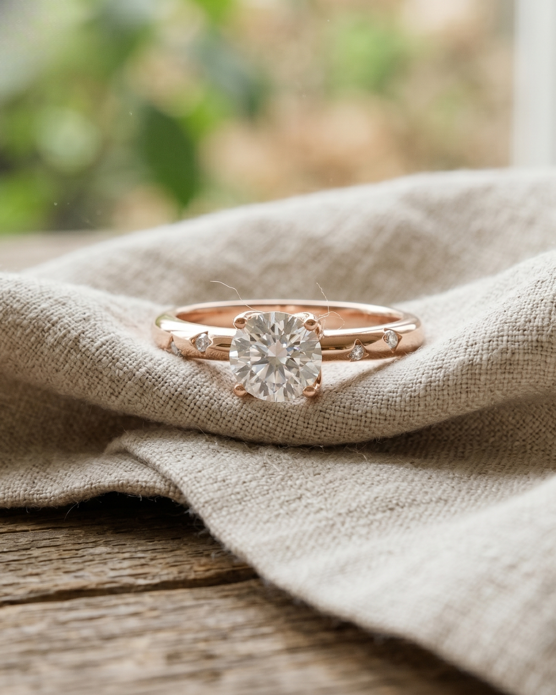 Kiashaa Jewellery 1 carat round diamond solitaire ring in rose gold with delicate flush-set diamond details.