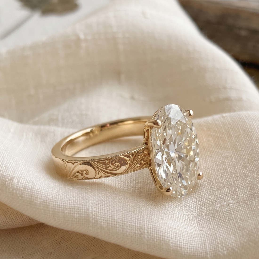 Front view of a 3 CT oval diamond solitaire engagement ring in yellow gold with vintage scroll engraving.
