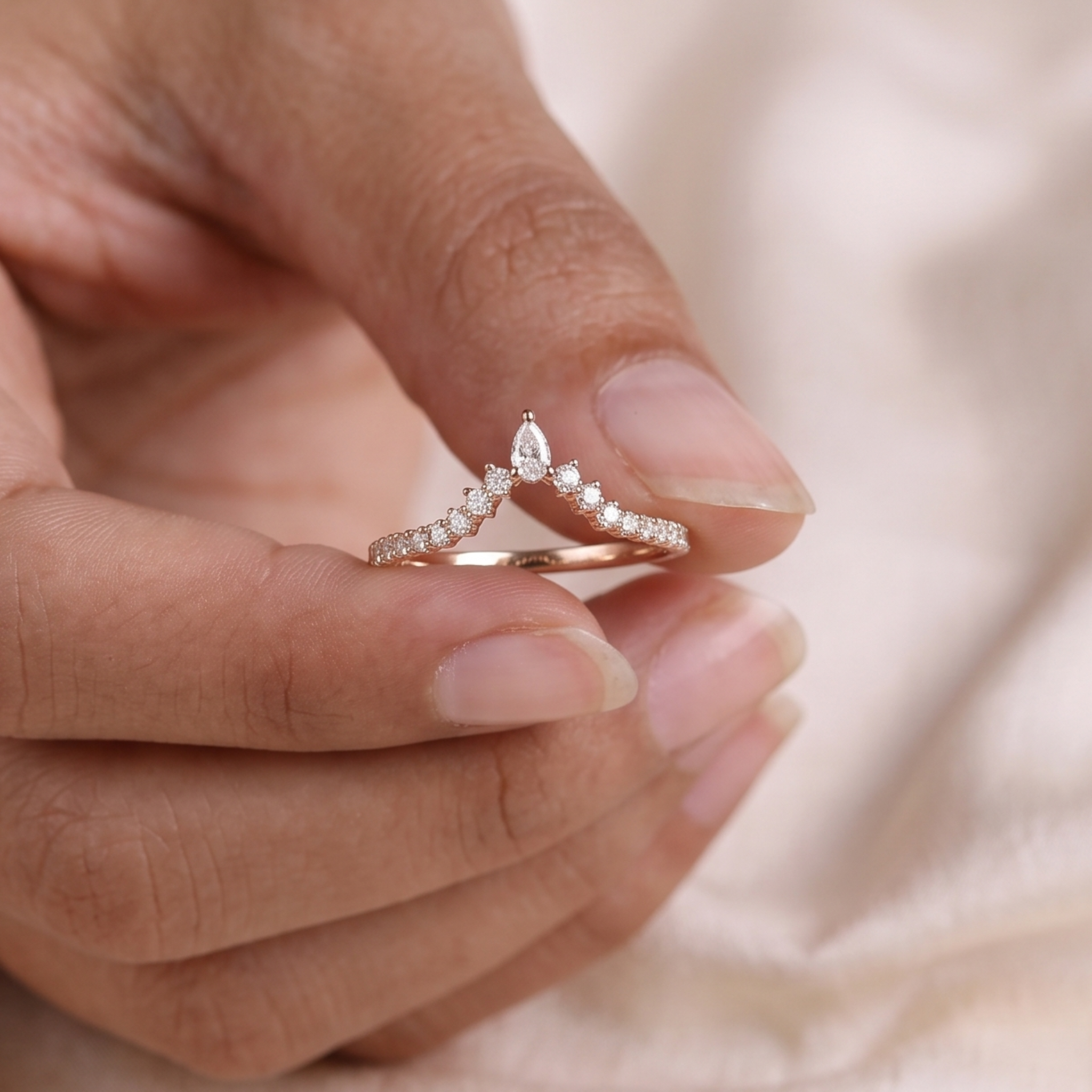 A close-up of a hand holding a delicate rose gold ring with a marquise-shaped top set with small clear stones, against a soft beige fabric background.