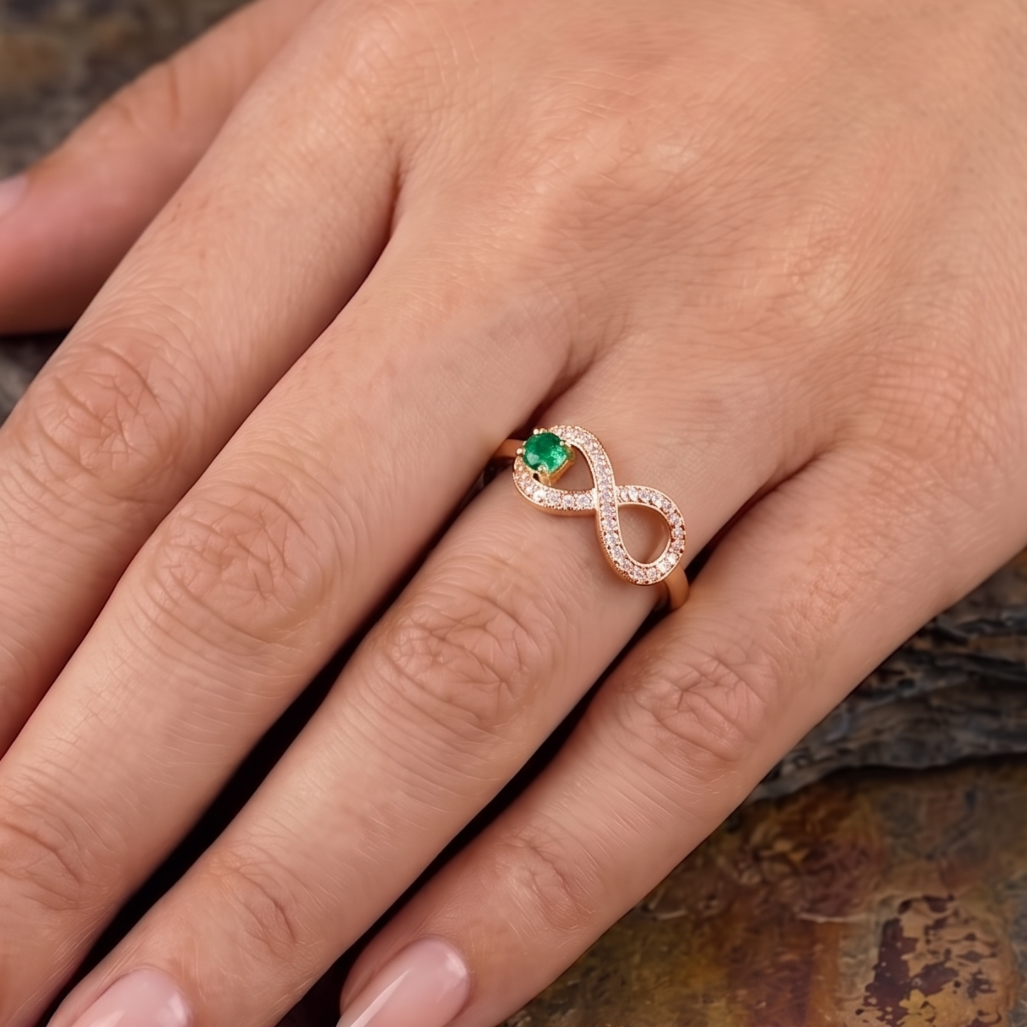 A close-up of a hand wearing a rose gold infinity ring with a green emerald center stone and small clear accent stones.
