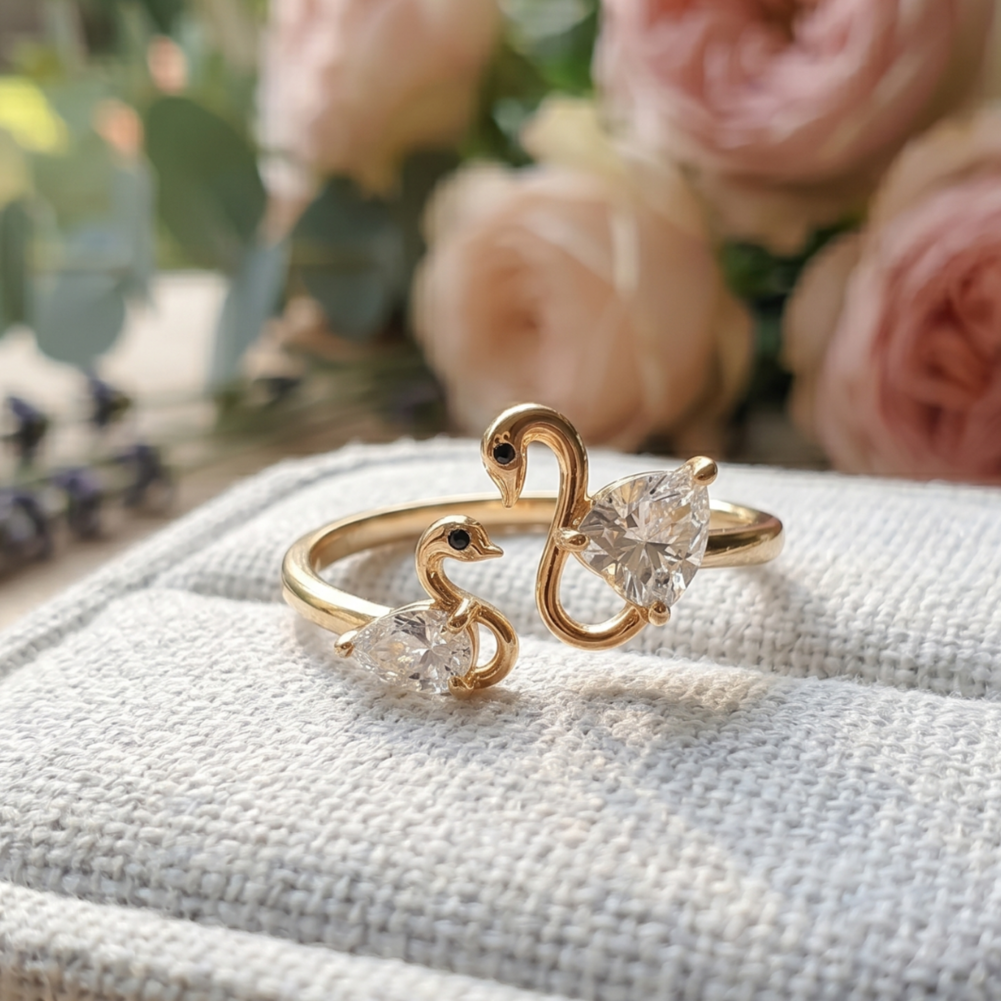 Swan Embrace 2.50 CTW lab-grown diamond ring by Kiashaa Jewellery with a 2 CT heart center and 0.50 CT pear side diamond.
