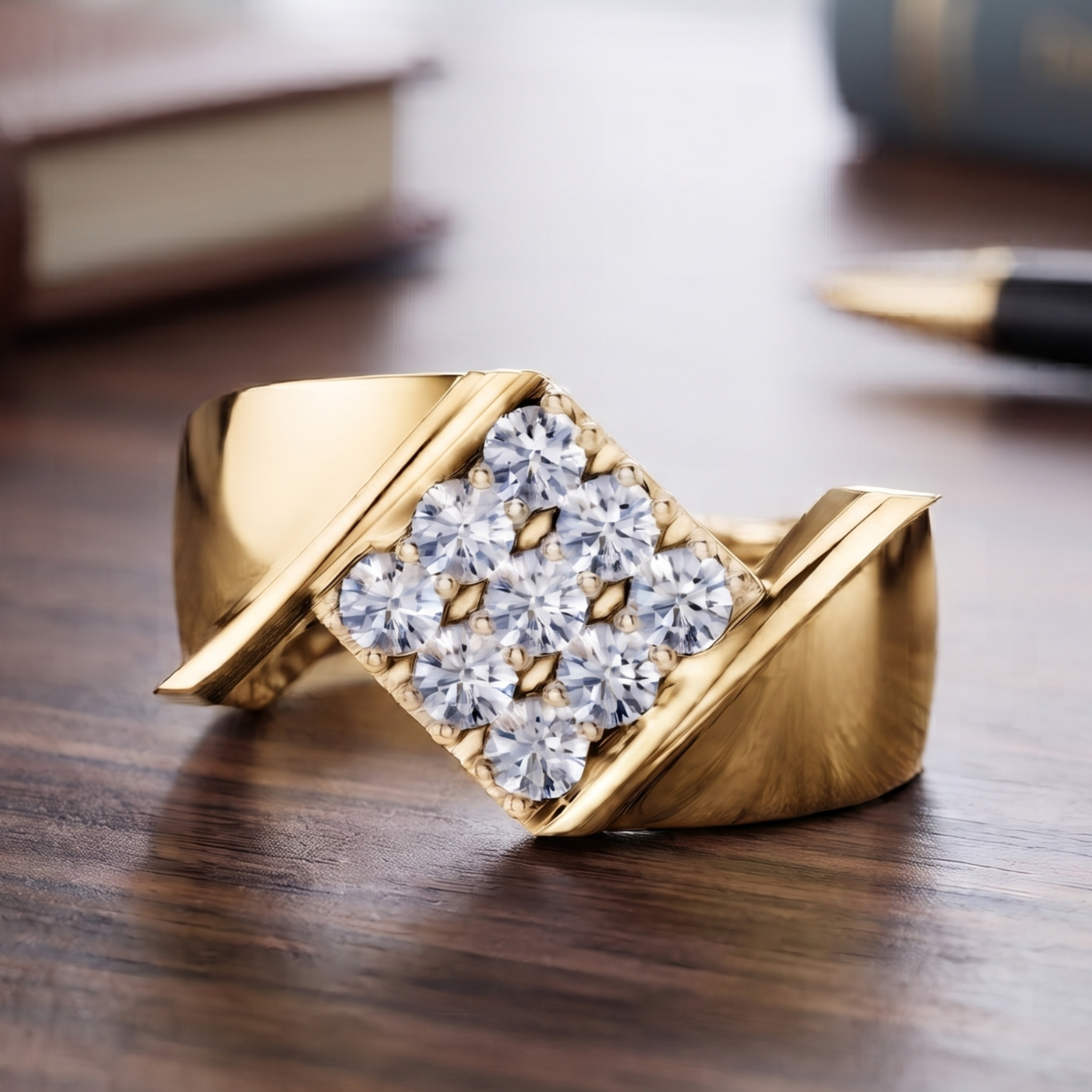 Timeless diamond engagement ring with an elevated center design in a luxury studio by Kiashaa Jewellery