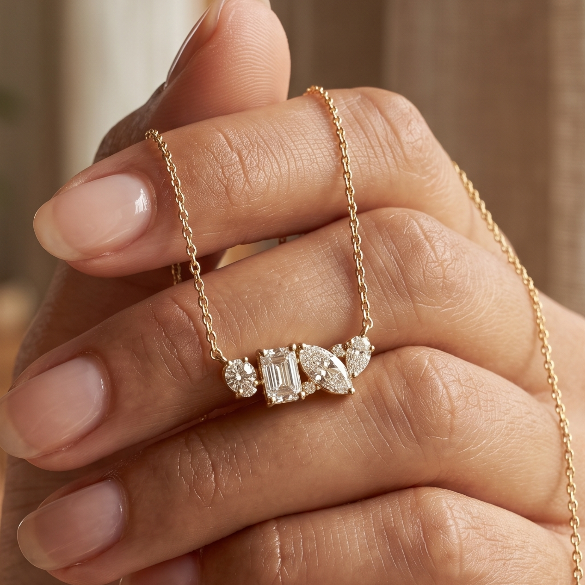 Kiashaa Jewellery 2.25 CTW multi-shape diamond cluster necklace in polished yellow gold.