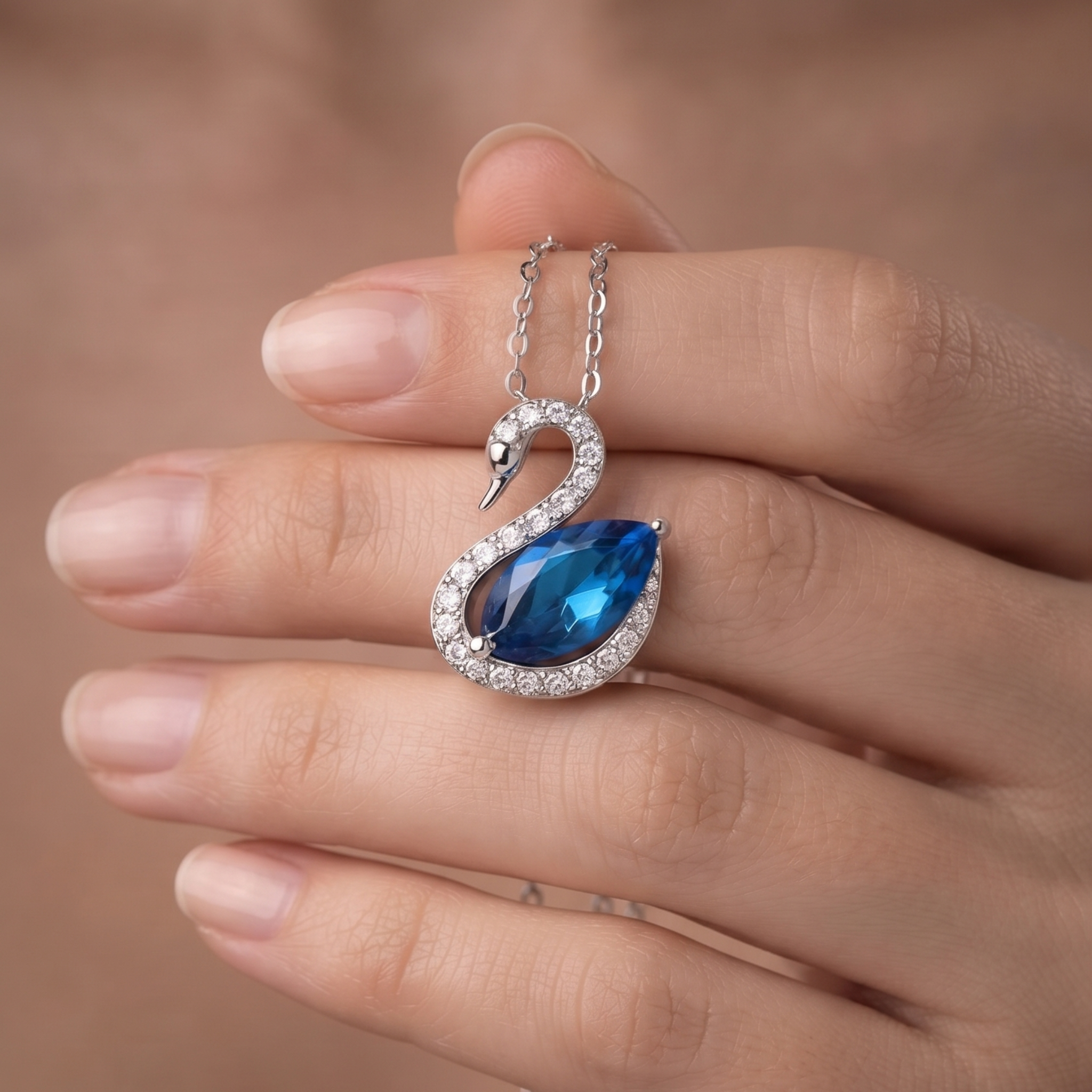 A silver-toned swan pendant necklace with a large blue teardrop gemstone and small clear stones, shown resting on a person's fingers against a soft warm brown background.