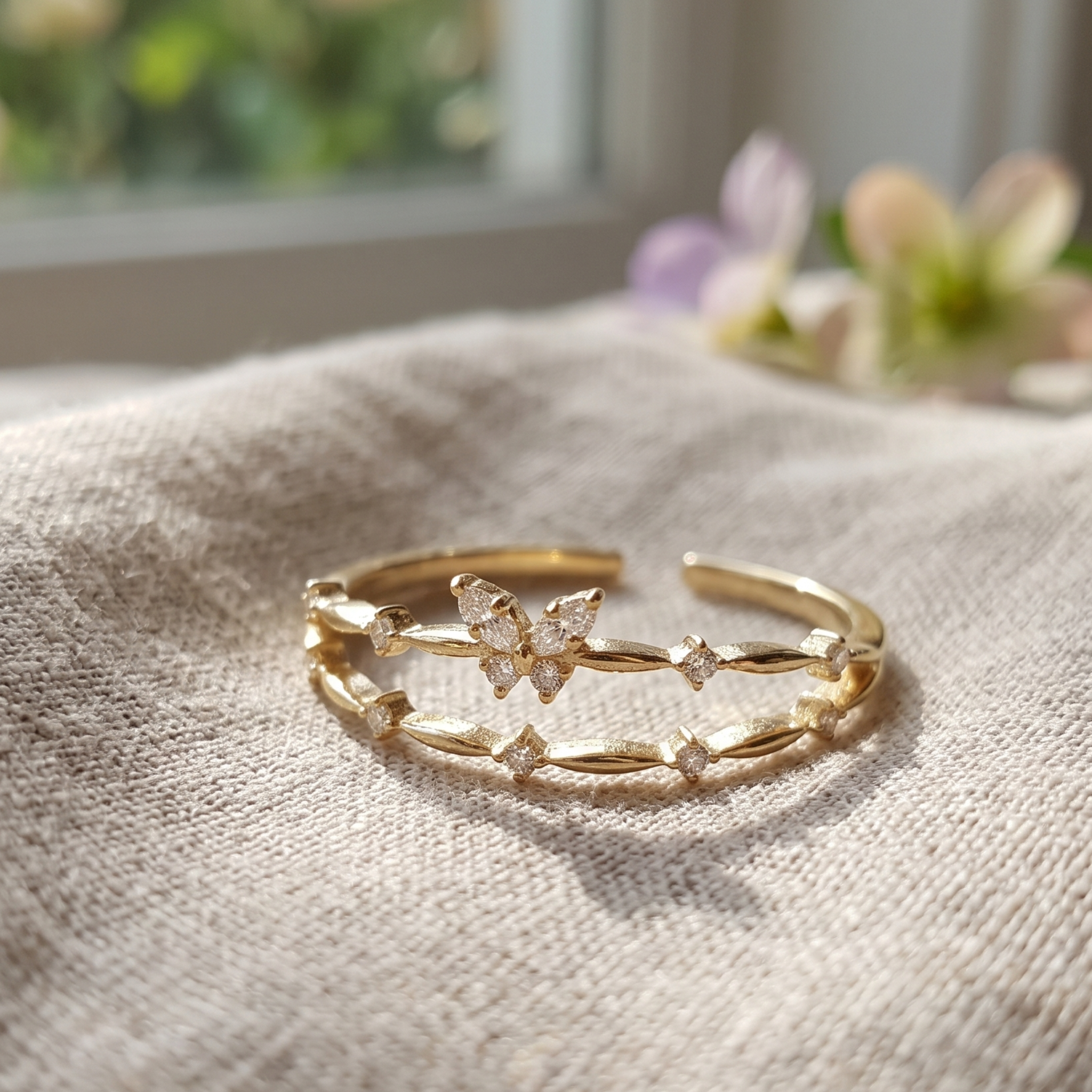A delicate gold open cuff bracelet with a butterfly centerpiece and small diamond-like accents, resting on a textured beige fabric surface with a softly blurred window and flowers in the background.