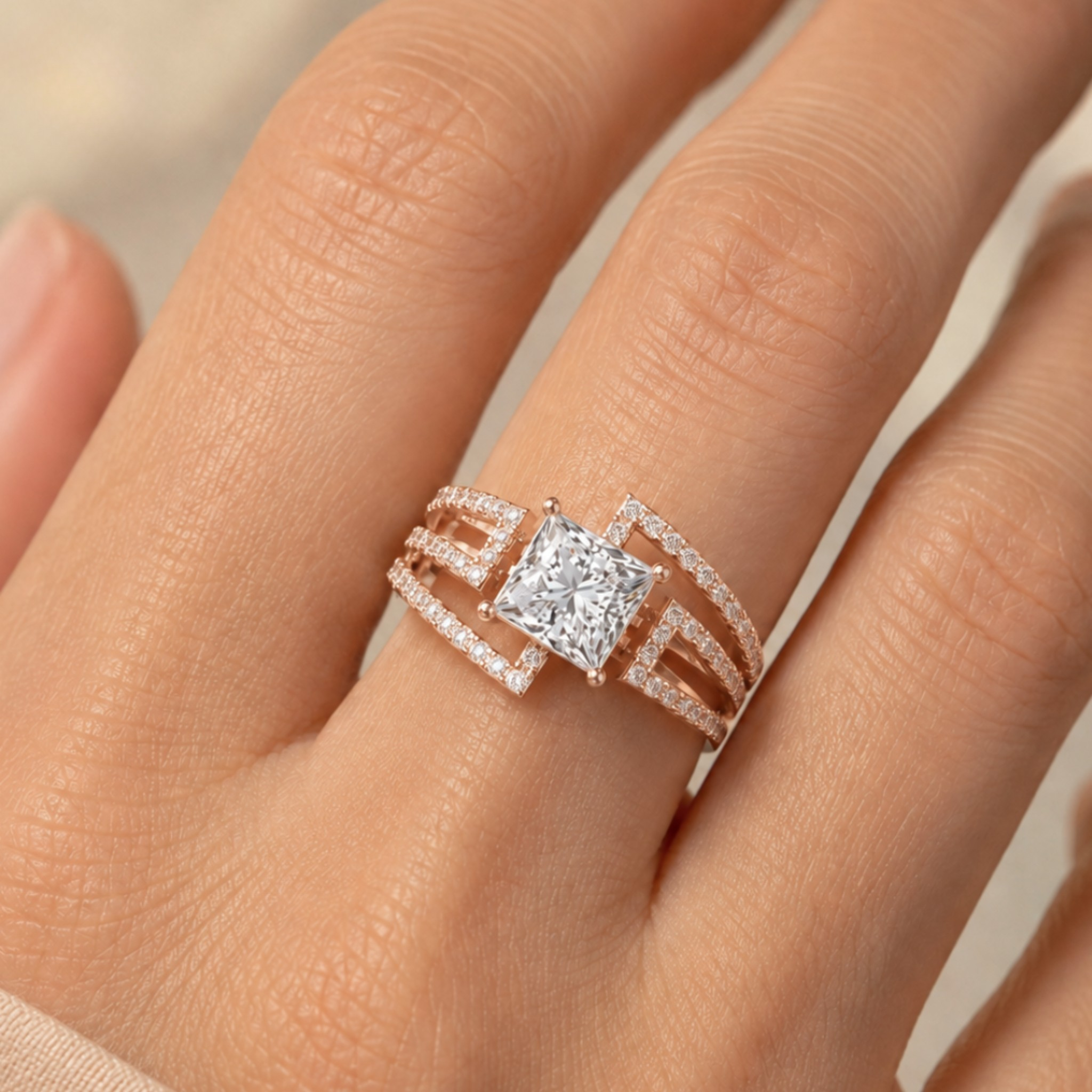 A close-up of a hand wearing a silver-toned ring with a square princess-cut center stone and pavé-set band, shown on a soft beige background.