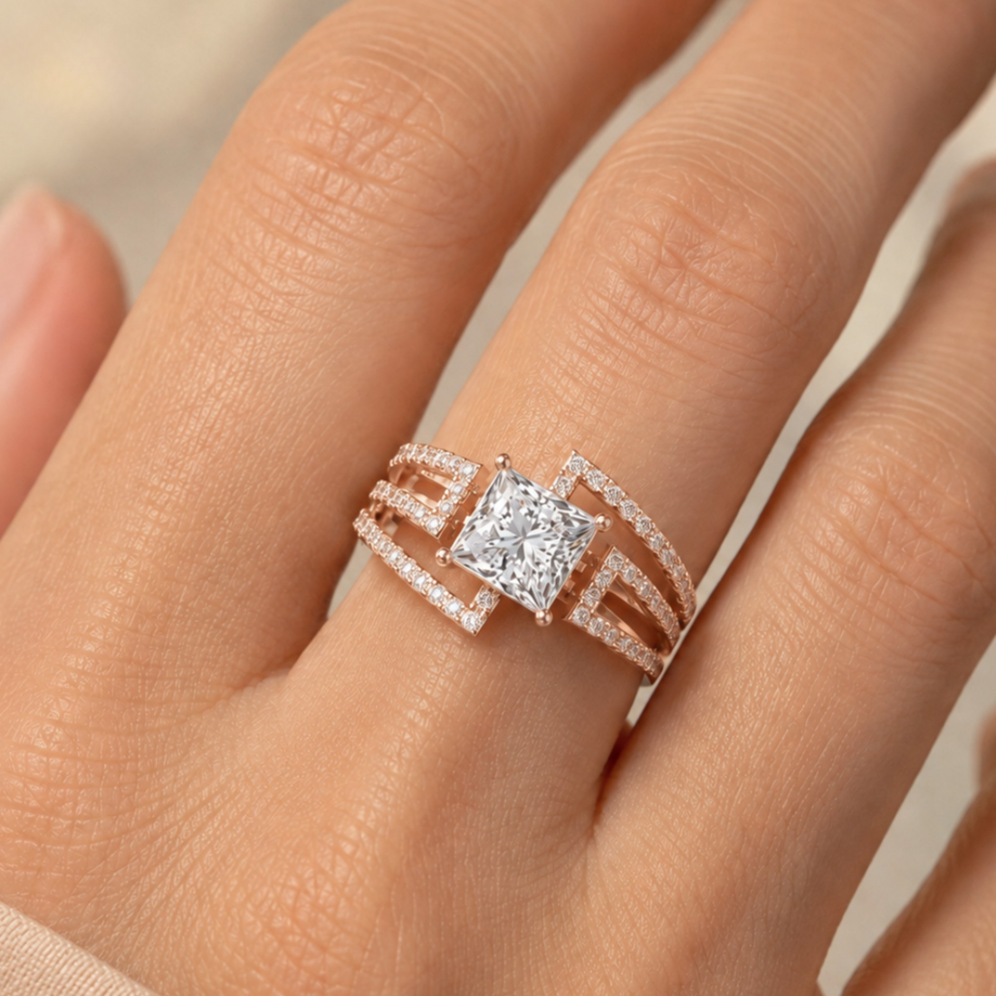 A close-up of a hand wearing a silver-toned ring with a square princess-cut center stone and pavé-set band, shown on a soft beige background.