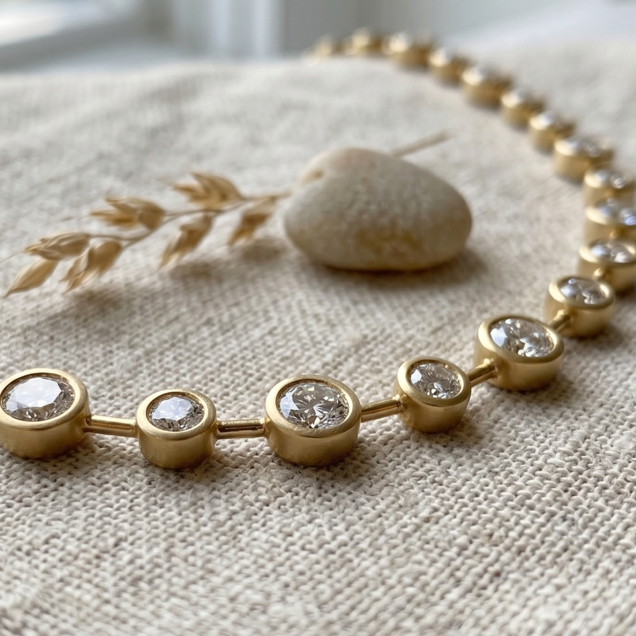 A gold beaded necklace with clear round gemstones, styled on a textured beige linen fabric with a small stone and dried wheat stem.