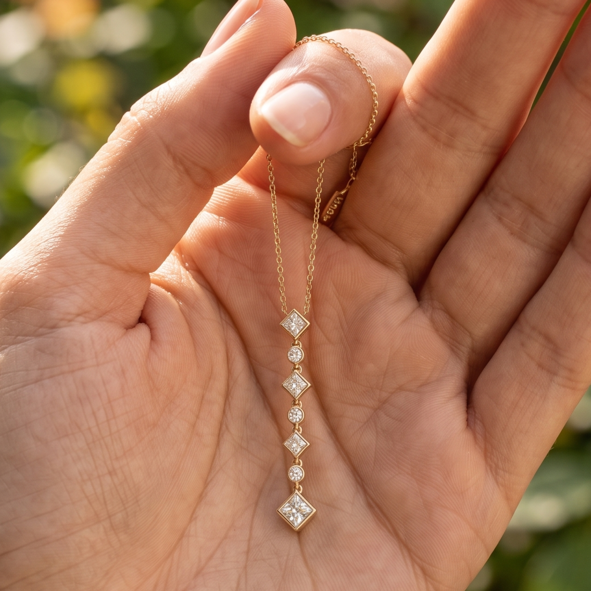 Kiashaa Jewellery 5.32 CTW princess and round diamond drop necklace in polished yellow gold.