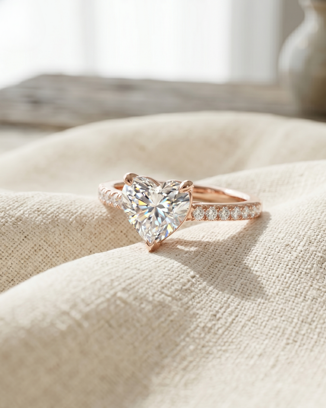 Kiashaa Jewellery 2.804 carat heart lab-grown diamond ring in rose gold with a secure three-prong setting.