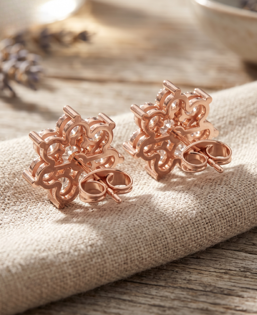 Kiashaa Jewellery round lab-grown diamond earrings in rose gold with an elegant layered flower cluster design.