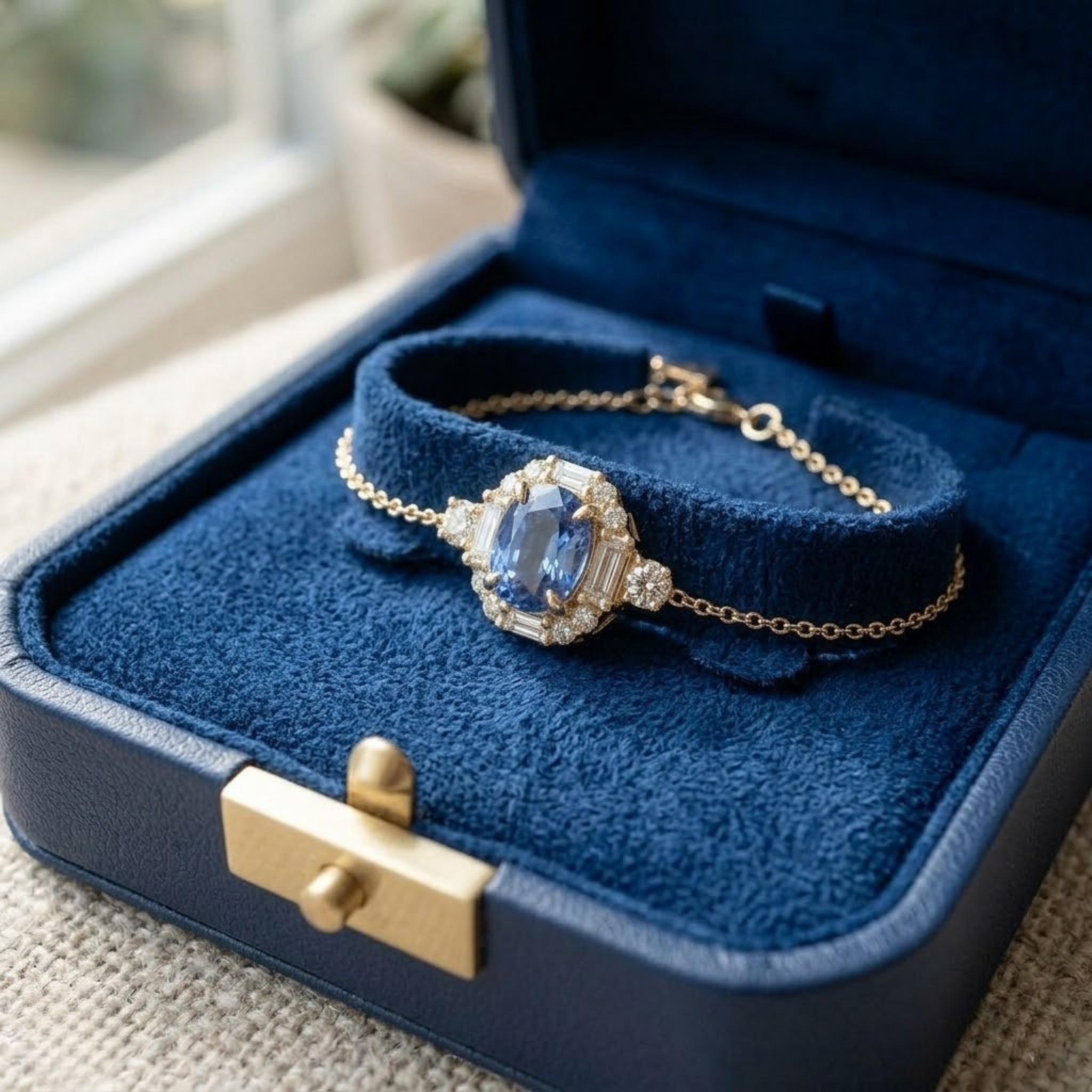 Blue oval gemstone halo bracelet with lab-grown diamonds by Kiashaa Jewellery.