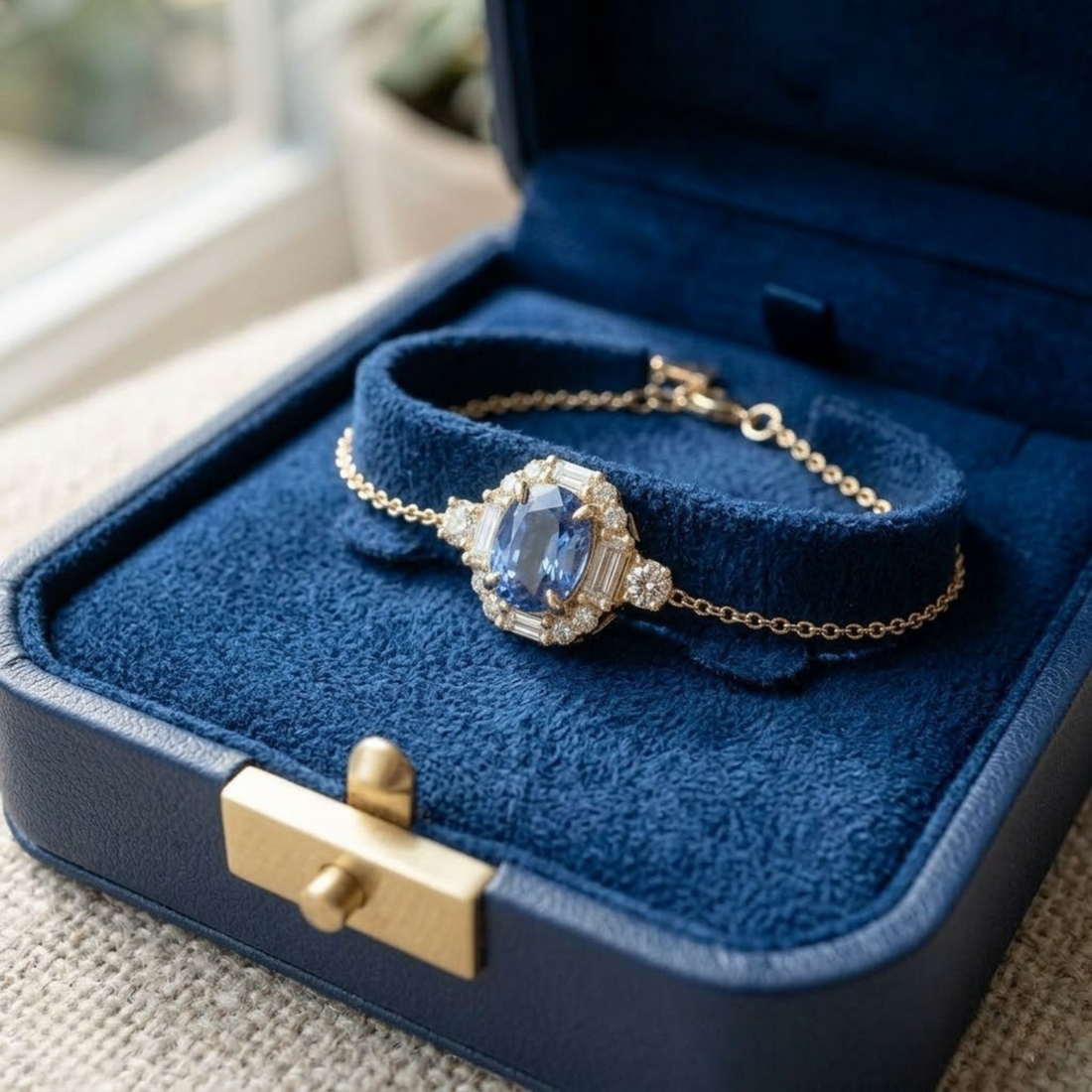 Blue oval gemstone halo bracelet with lab-grown diamonds by Kiashaa Jewellery.