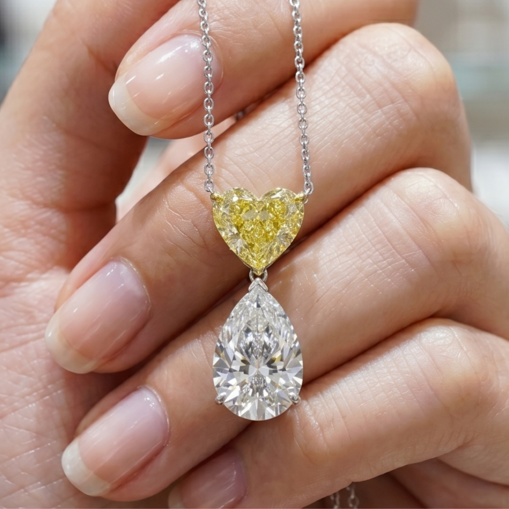 A close-up of a hand holding a silver necklace with a heart-shaped yellow diamond and a pear-shaped clear diamond pendant.