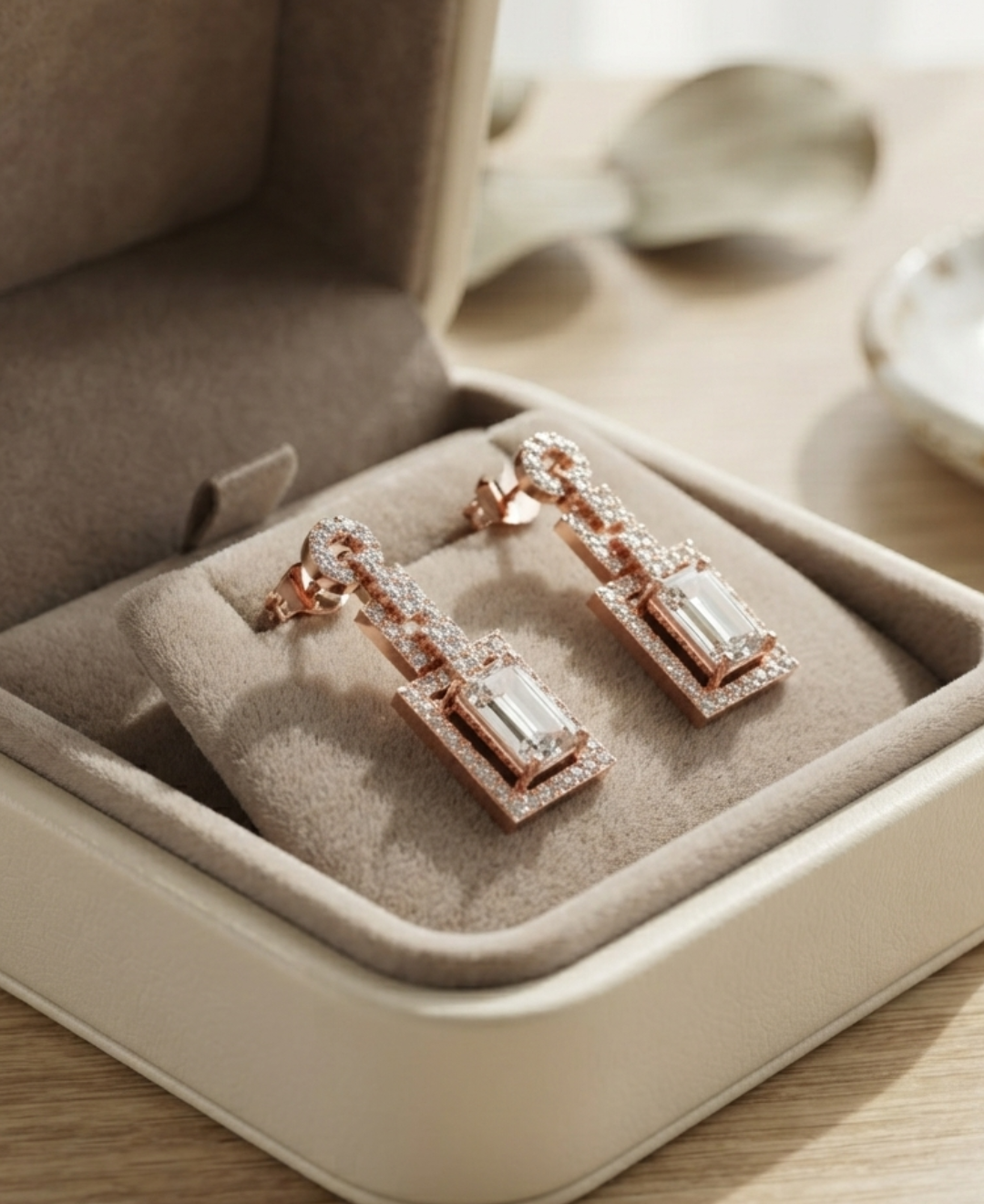 Kiashaa Jewellery Art Deco drop earrings with circular studs, open square links, and baguette-cut diamonds.
