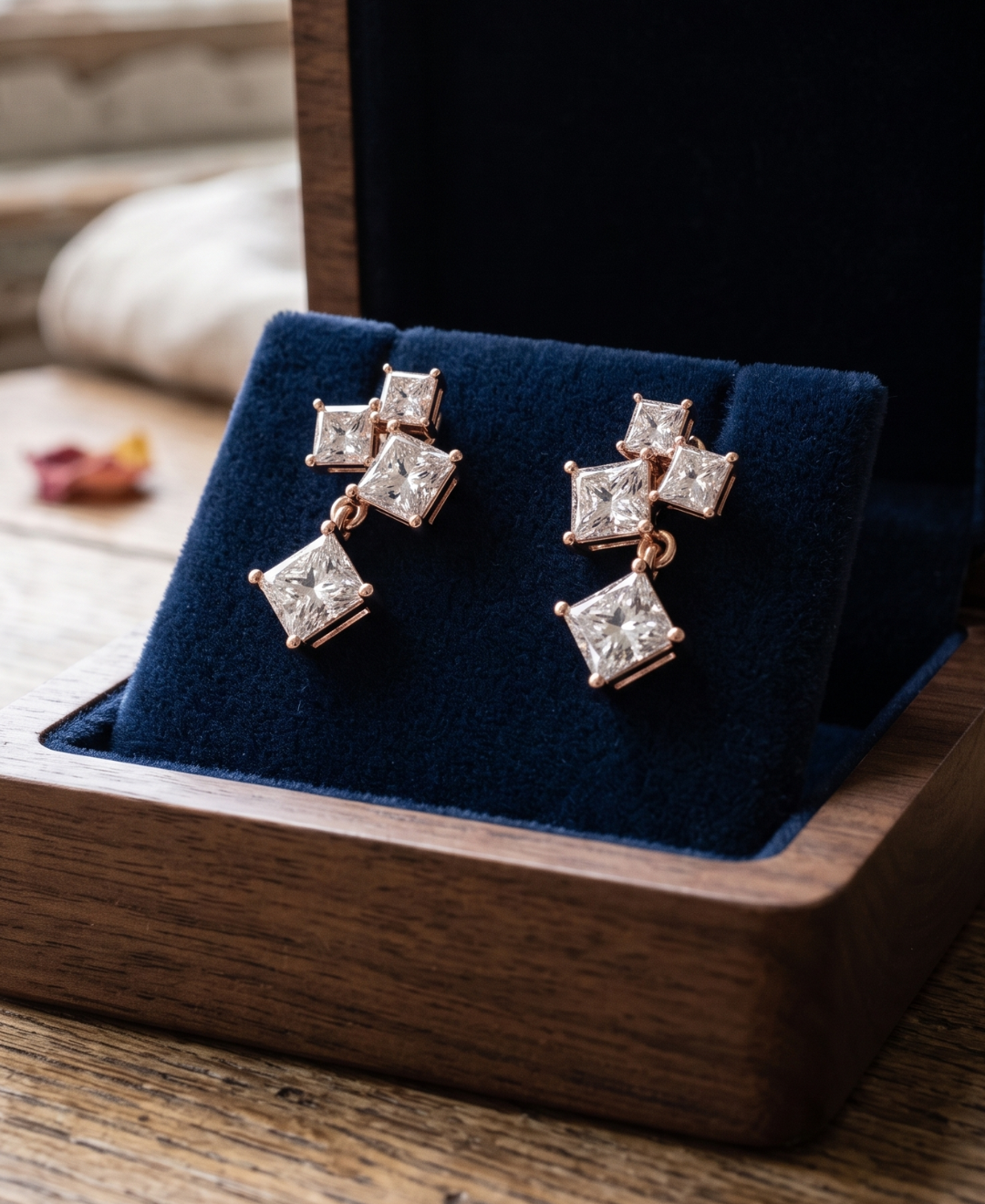 Kiashaa Jewellery lab-grown diamond drop earrings with four princess-cut diamonds arranged on each earring.