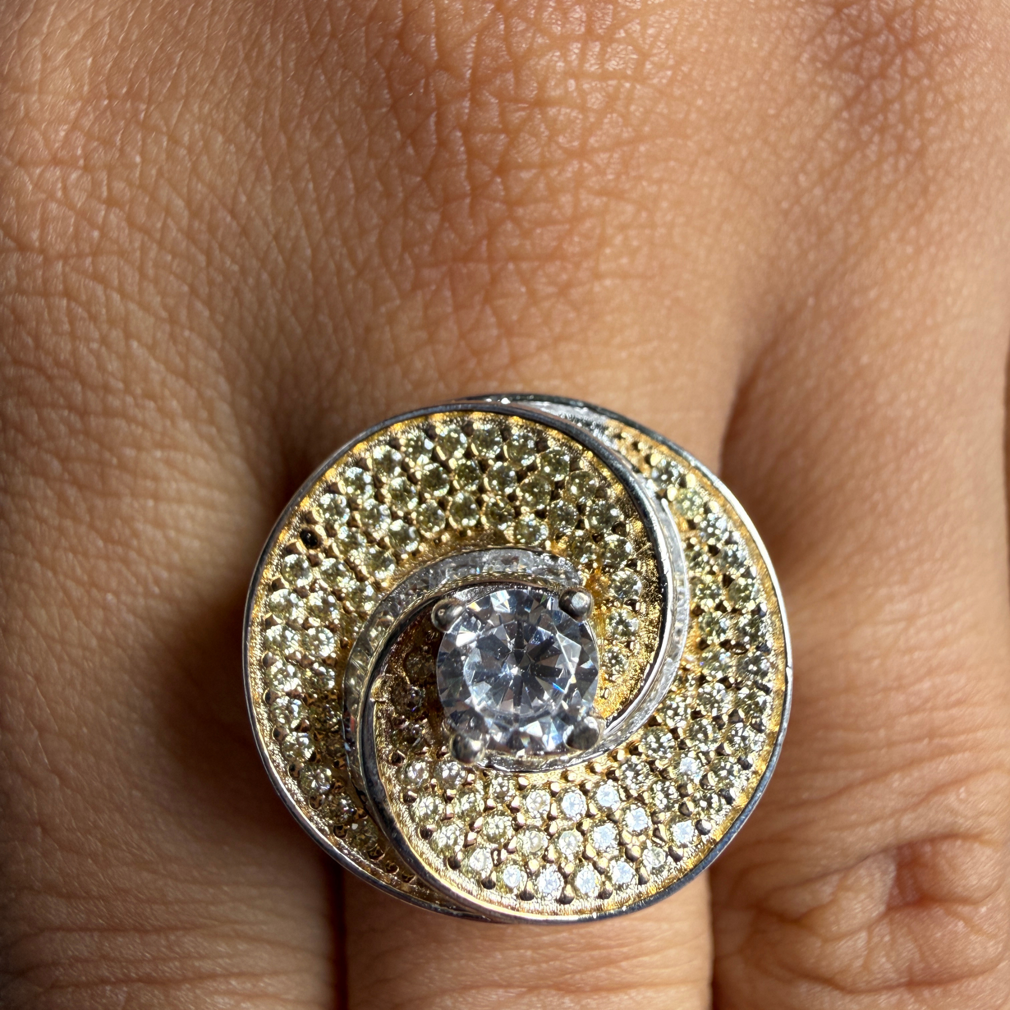 Round and baguette lab-grown diamond swirl statement ring by Kiashaa Jewellery.