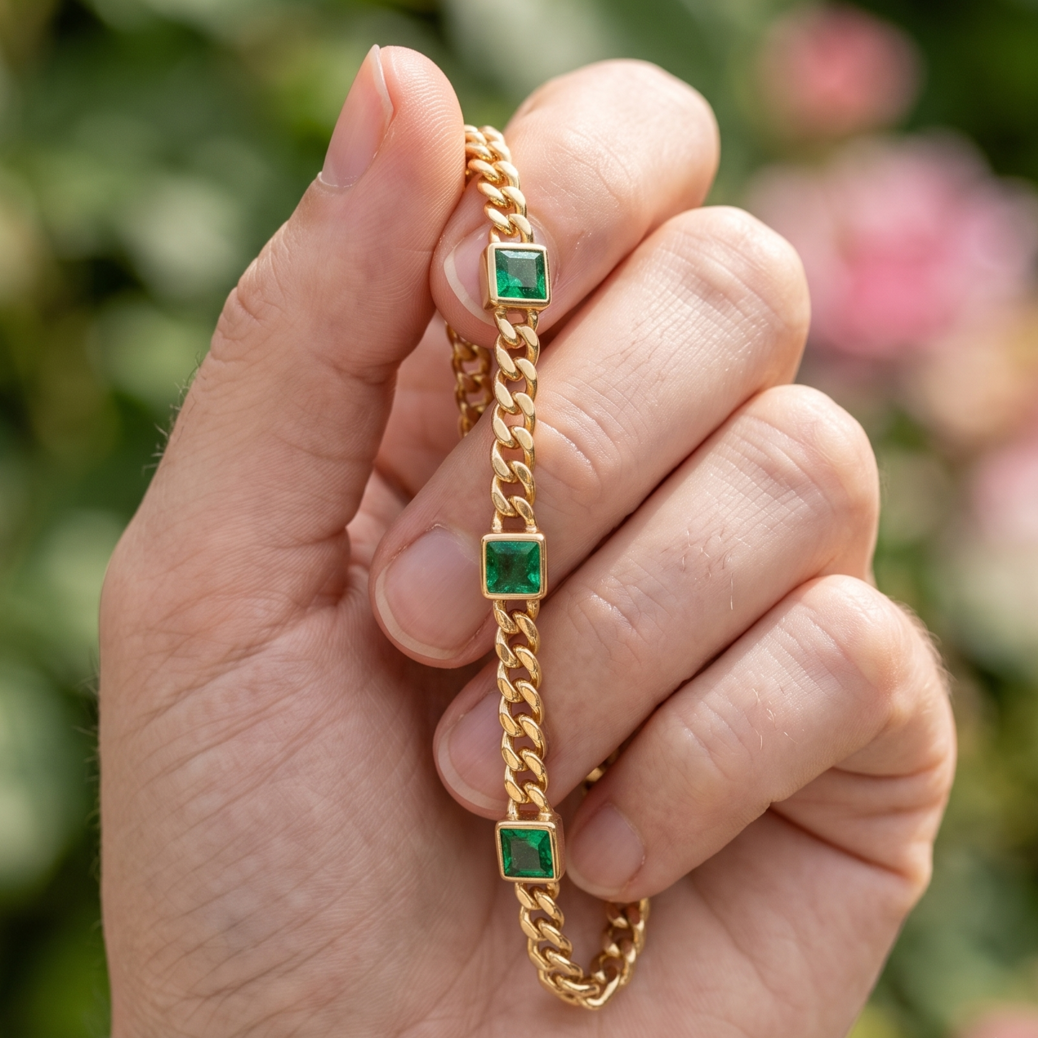 Kiashaa Jewellery 2.047 CTW green princess-cut Cuban bracelet in polished yellow gold.