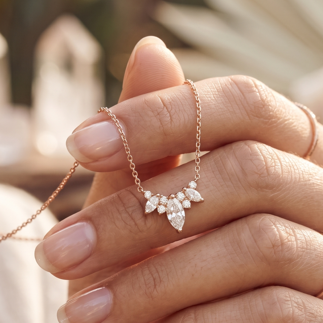 Kiashaa Jewellery 1.03 CTW marquise and round diamond cluster necklace in rose gold.
