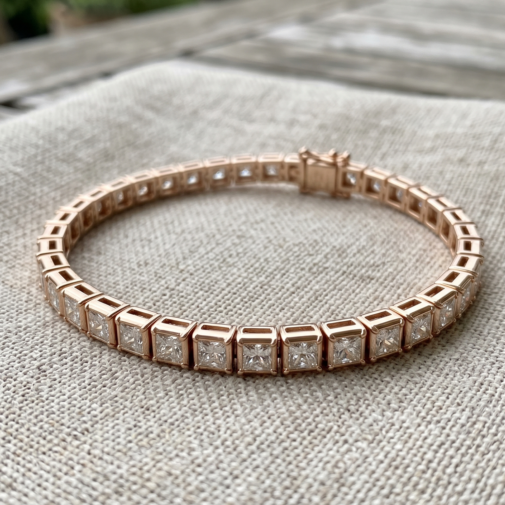 A rose gold tennis bracelet with square-cut clear stones, displayed on a textured beige linen fabric.