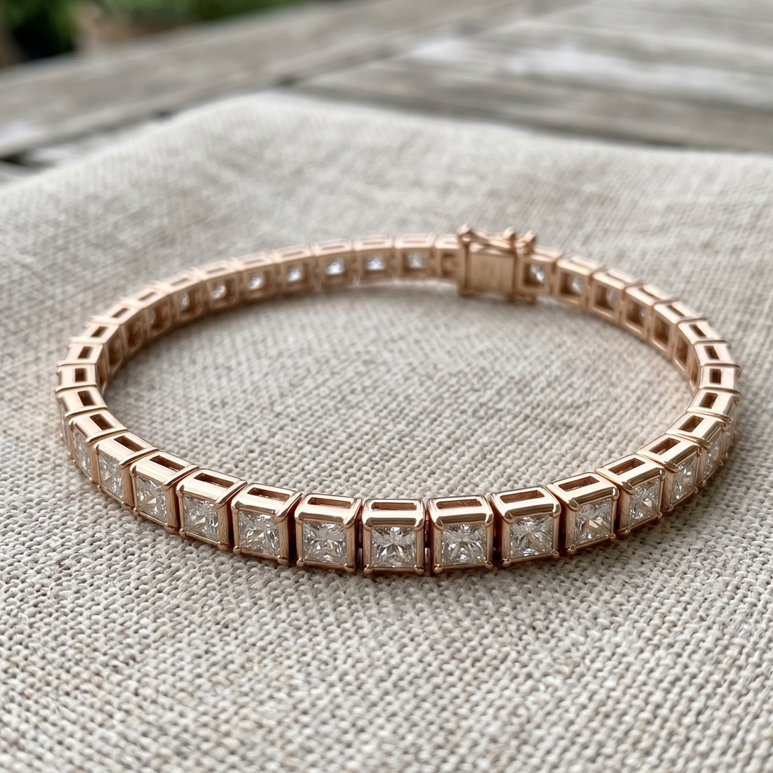 A rose gold tennis bracelet with square-cut clear stones, displayed on a textured beige linen fabric.
