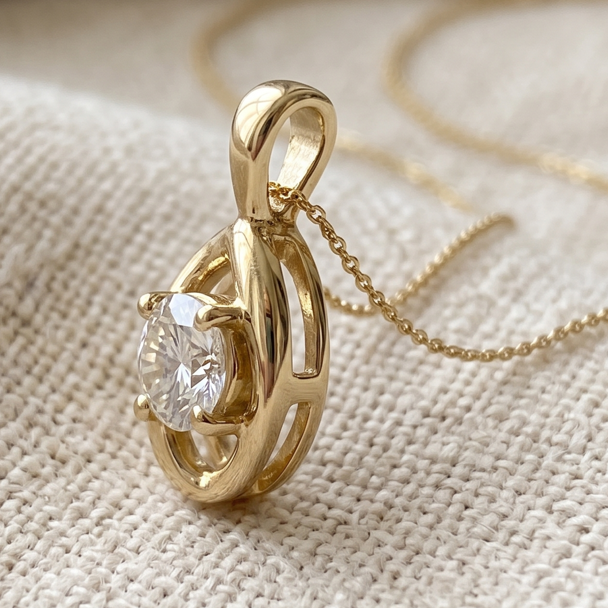 A gold pendant necklace with a round clear gemstone, resting on a textured beige fabric background.