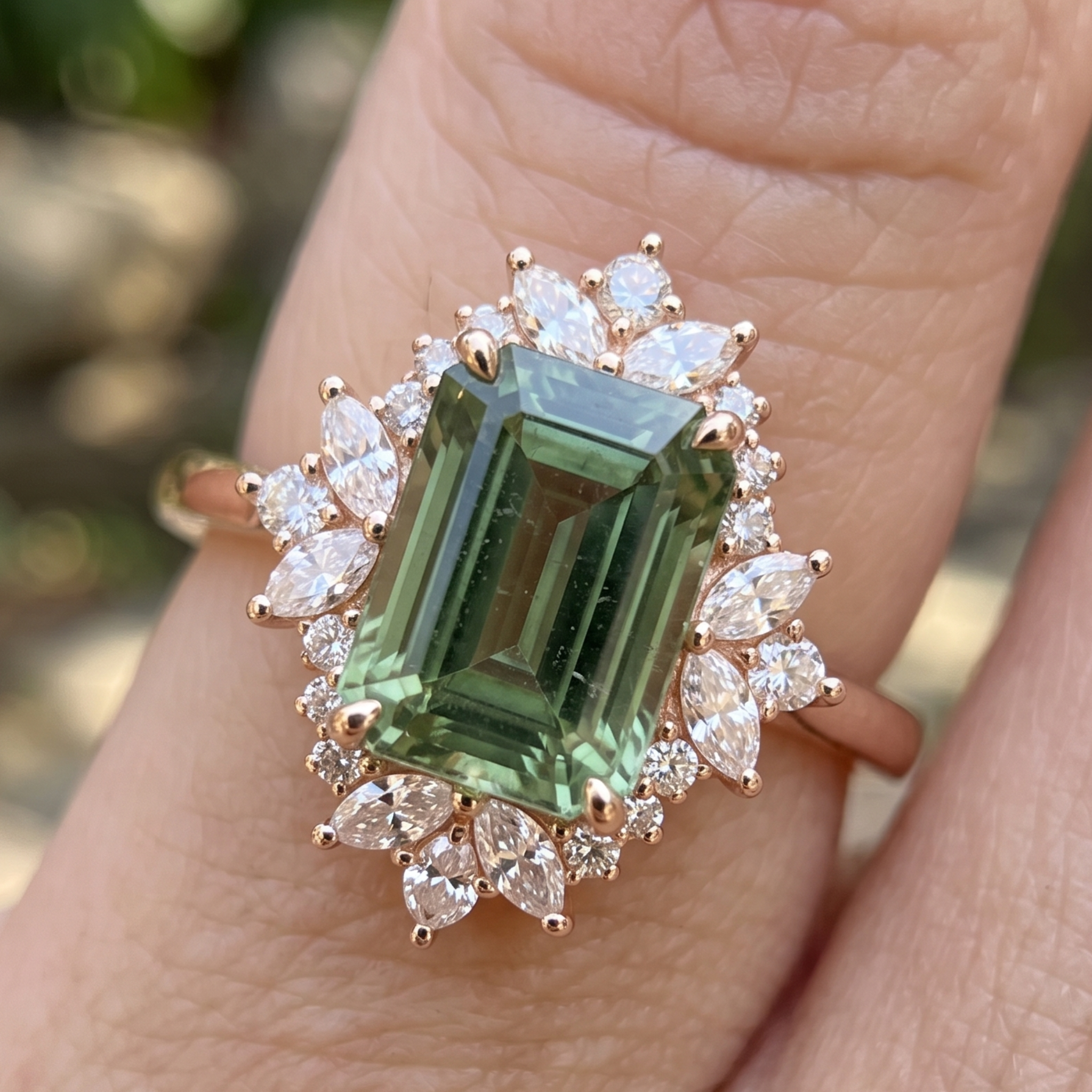 Kiashaa Jewellery 4.372 CTW green emerald diamond halo ring in polished yellow gold.
