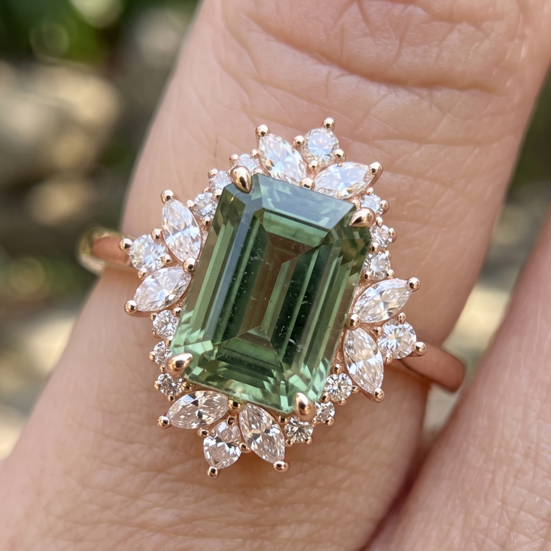 Kiashaa Jewellery 4.372 CTW green emerald diamond halo ring in polished yellow gold.
