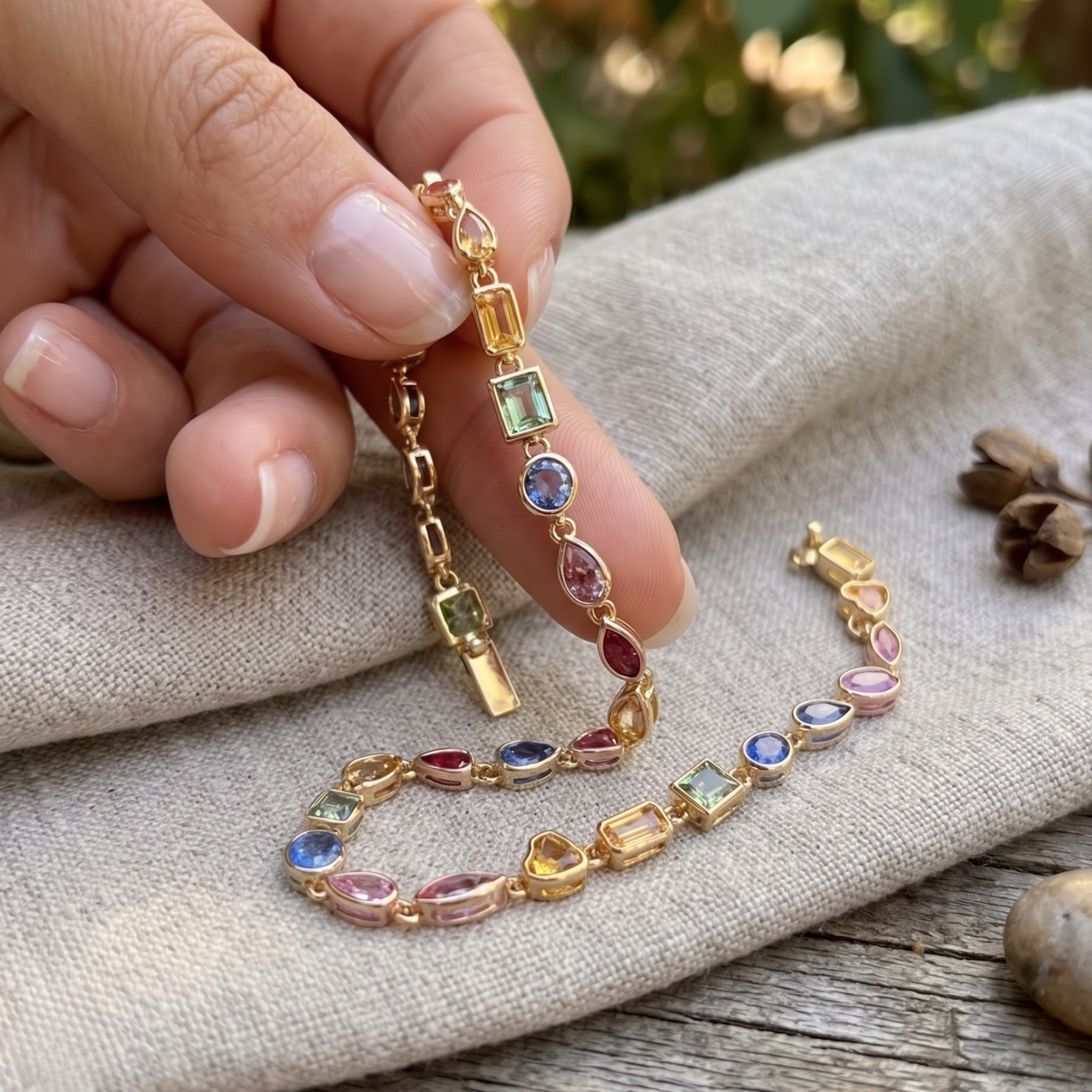 Colorful gemstone bracelet available in white, yellow and rose gold.