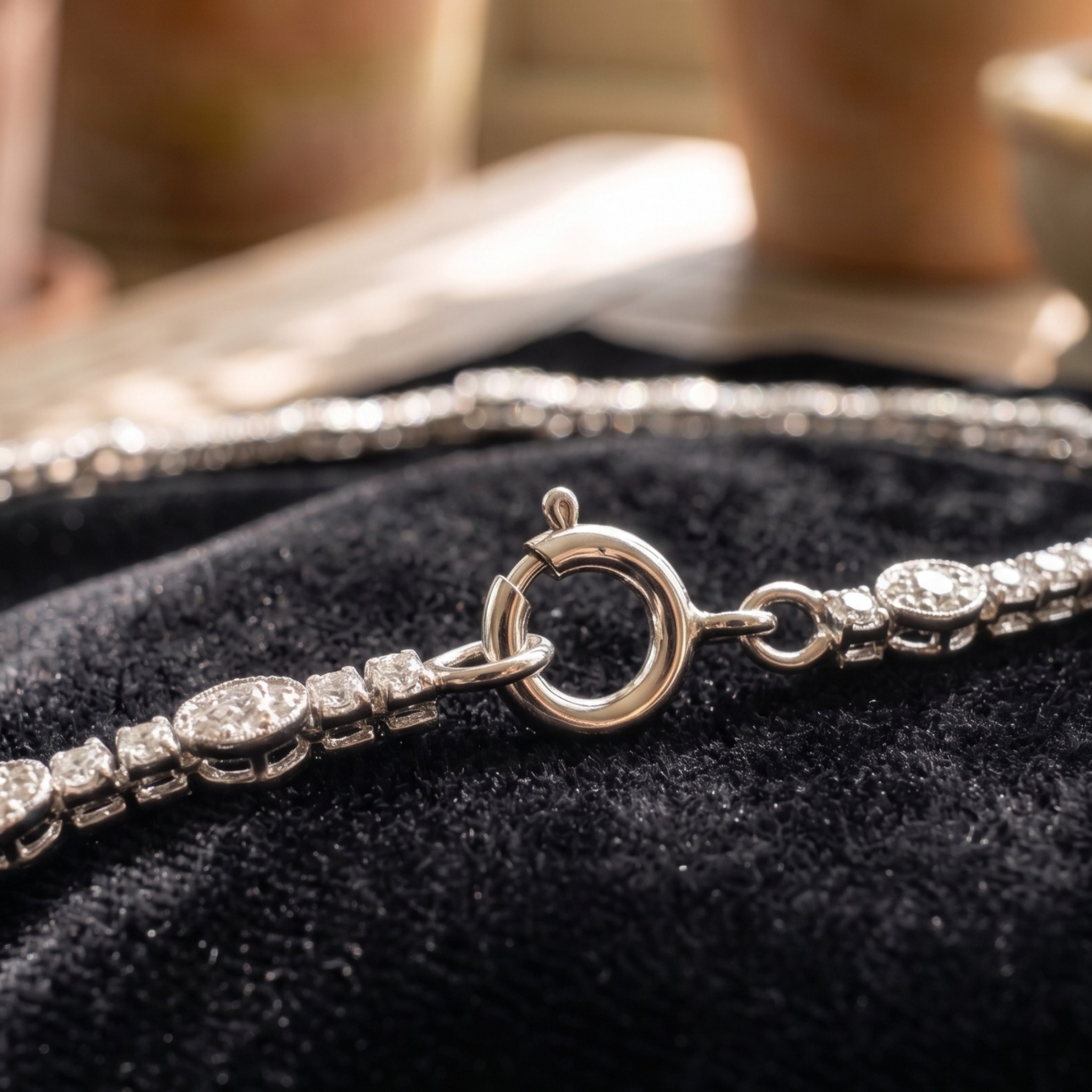 A close-up of a silver-toned tennis bracelet with round-cut stones, resting on a black velvet jewelry display.