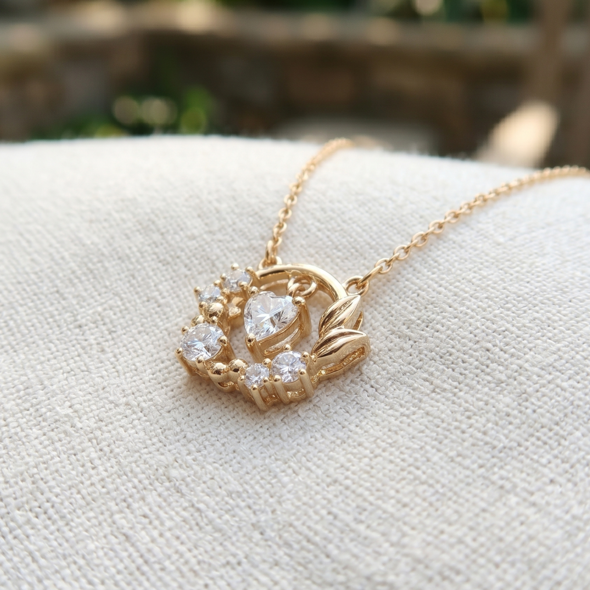 A gold pendant necklace with a heart-shaped clear gemstone and smaller surrounding stones, displayed on a textured cream fabric surface.